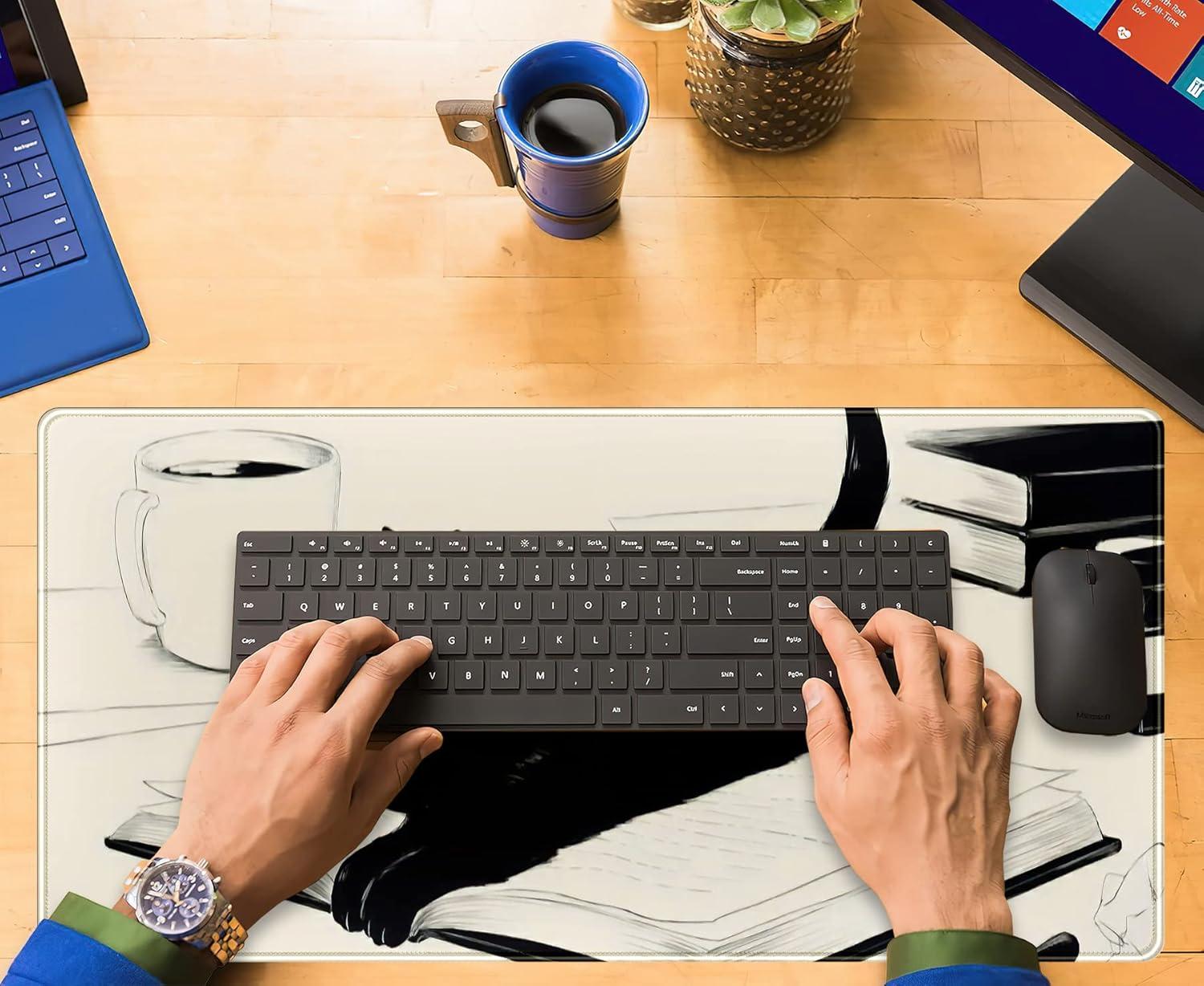 Cute Anime Cat Kawaii Desk Mat Beige Mouse Pads XXL, Anime Aesthetic Desk Pad Large, Cartoon Manga Gaming Deskmat Extend Keyboard Mat Pad, Desktop Decor Accessories for Women Girl 31.5x15.75 in