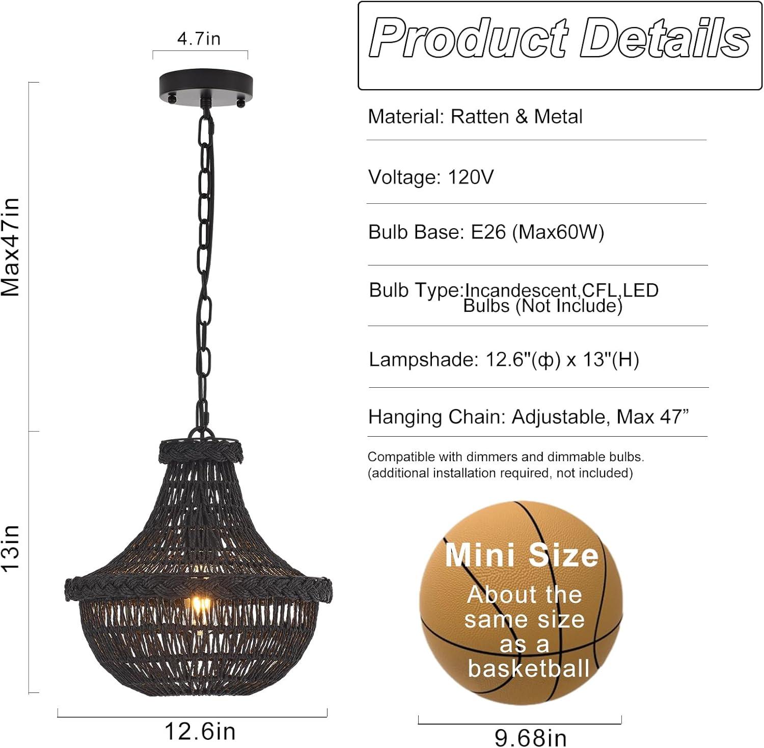 19.69" Boho Black Rattan Chandelier Vintage 4-Lights Farmhouse Hand-Woven Bamboo Basket Chandelier Light Fixture Rustic Wicker Rattan Chandeliers for Dining Room, Kitchen, Living Room