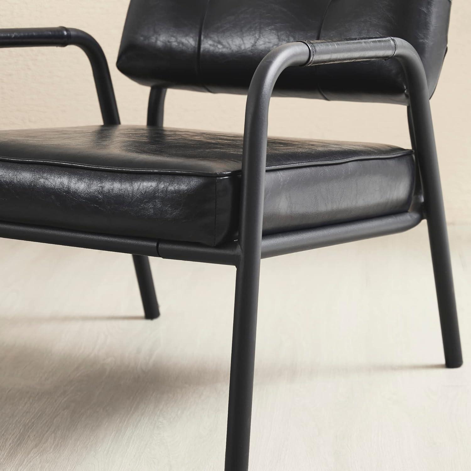 Mid-Century Modern Leatherette Arm Accent Chair Frosted Black Metal Frame Black - Glitzhome