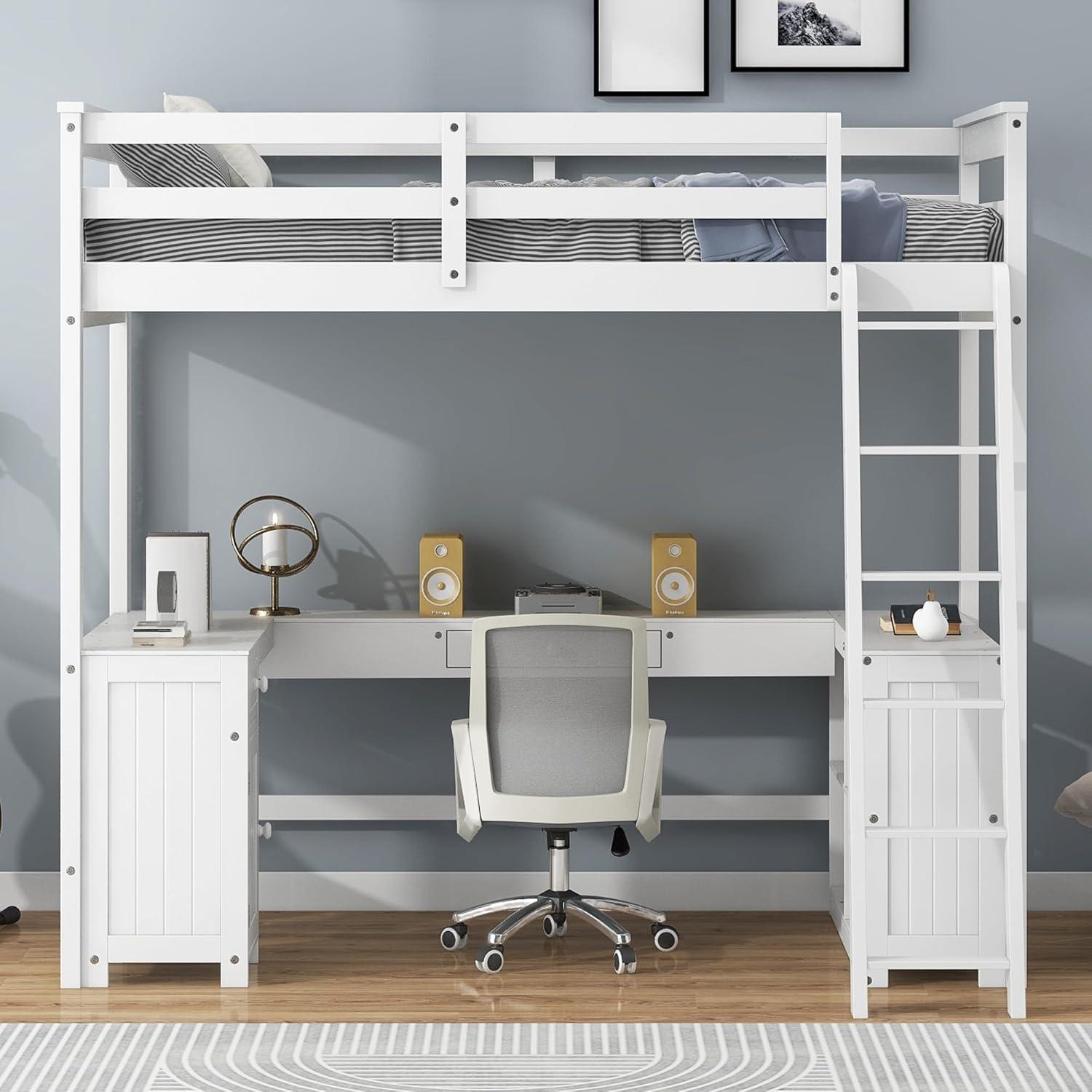 Bellemave Twin Size Loft Bed with U-shaped Desk,Wood Loft Bed Frame for Kids Teens with Drawers and Storage Shelves,No Box Spring Needed(White)