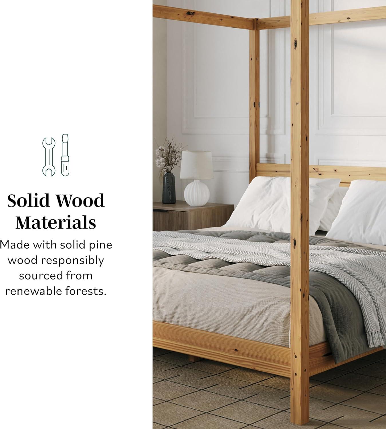Walker Edison Minimalist Solid Wood King-Size Canopy Bedframe, Natural Pine