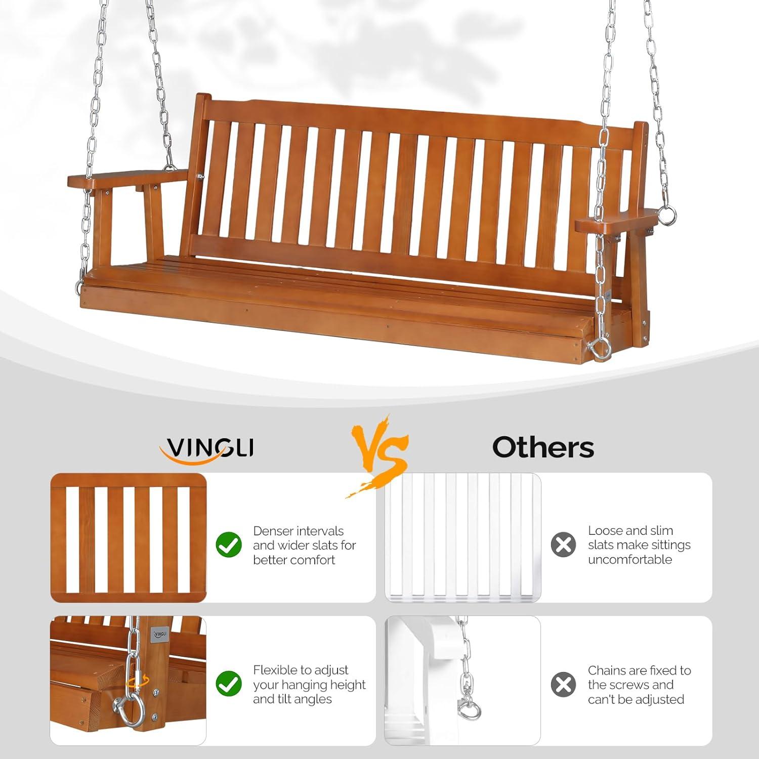5 FT Brown Pine Outdoor Porch Swing with Adjustable Chains