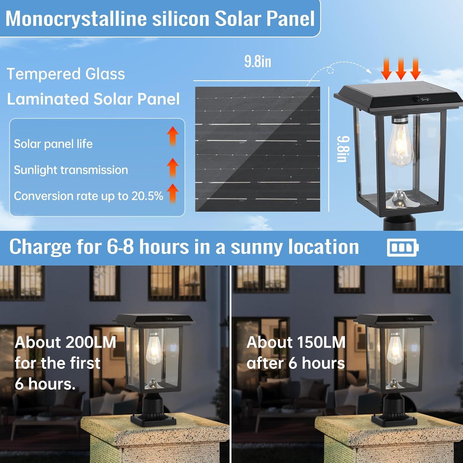 Solar Lamp Post Light, Solar Post Lights Outdoor Waterproof, Solar Light for Pole Outside, Dusk to Dawn Black Outdoor Light Pole with Remote Control, Three Modes