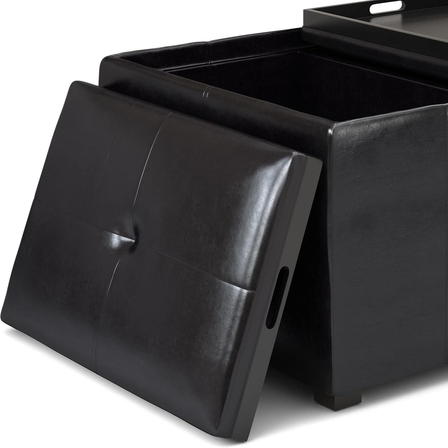 Simpli Home Avalon 34in.W Coffee Table Storage Ottoman in Midnight Black Faux Air Leather