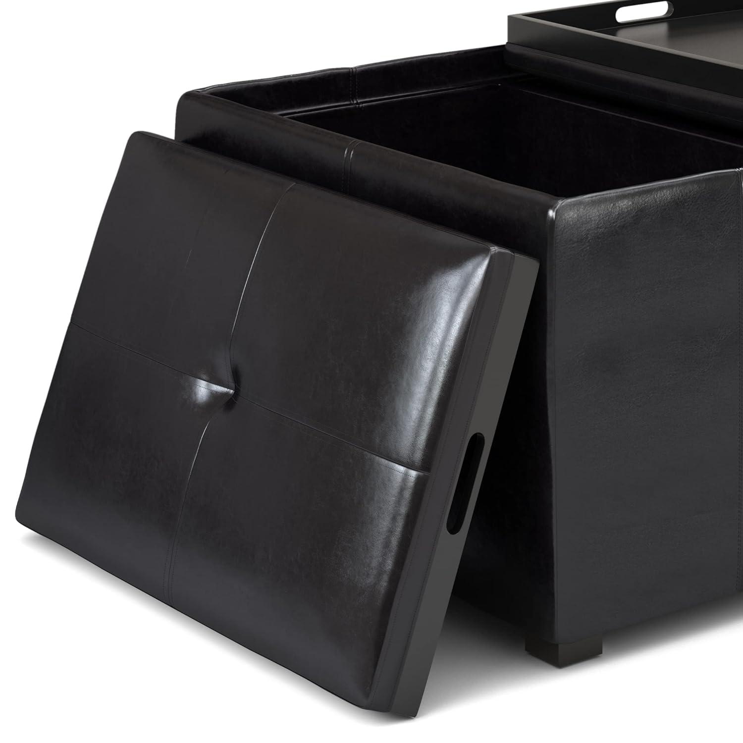 Simpli Home Avalon 34in.W Coffee Table Storage Ottoman in Midnight Black Faux Air Leather
