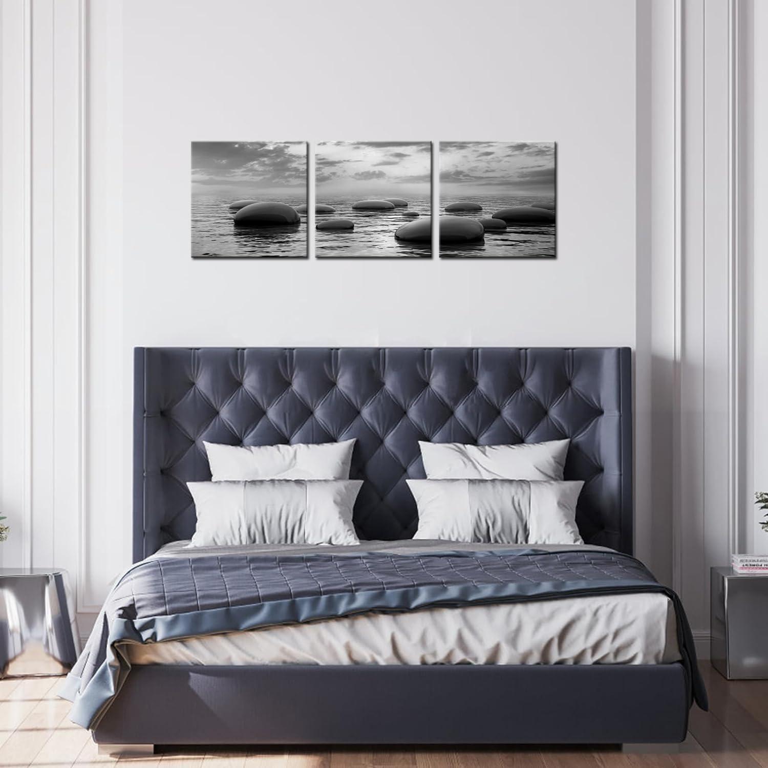3 Panels Black And White Sea Rock Stone Zen Wall Art Seascape Painting Pictures Print for Home Office Bedroom Bathroom Decor Ready to Hang 12x12inchx3pcs