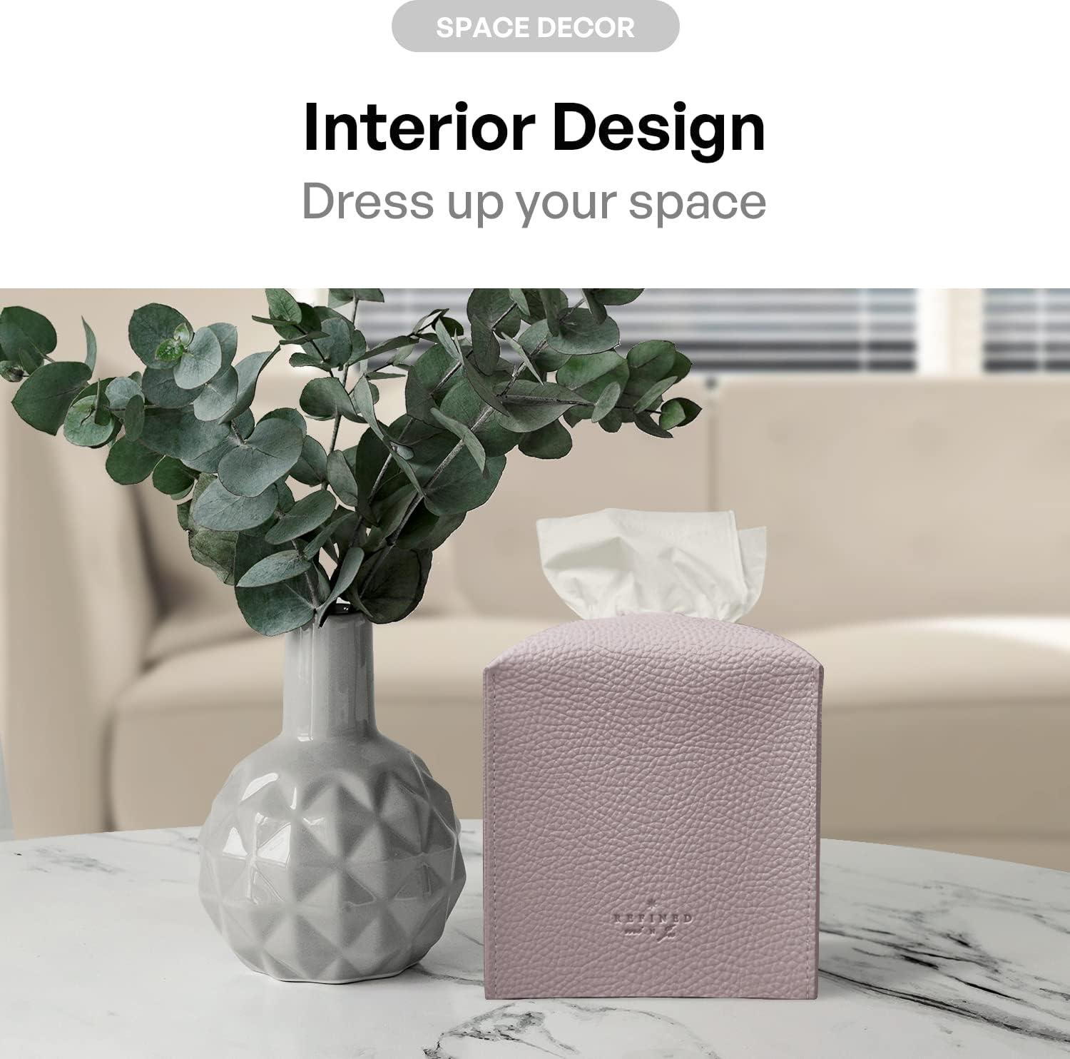 Carrotez Tissue Box Cover, [Refined] Modern PU Leather Square Tissue Box Holder - Decorative Holder/Organizer for Bathroom Vanity Countertop, Night Stands, Office Desk & Car 5"X5"X5" - Lavender