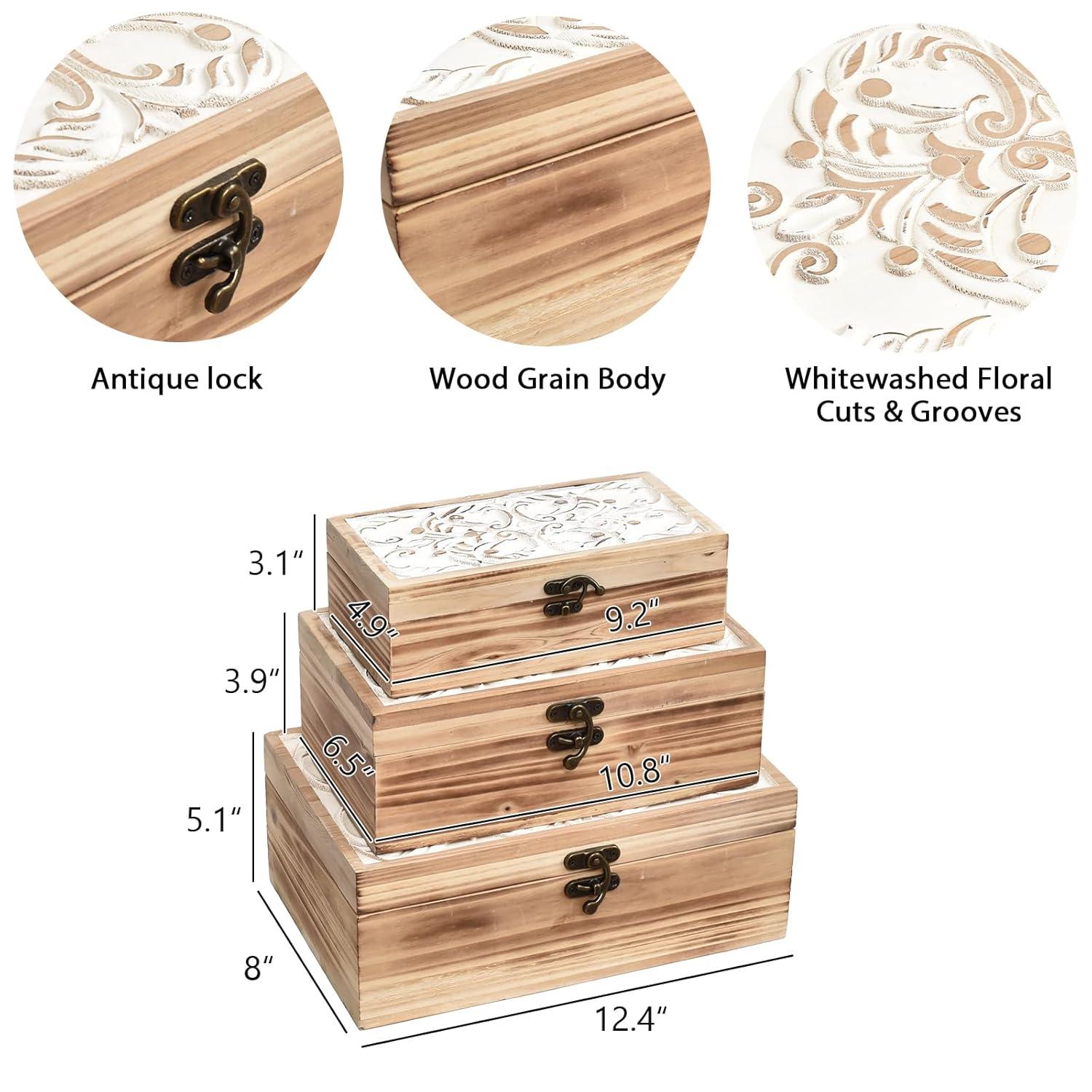 Wooden Box Set of 3 - Rustic Farmhouse Decorative Boxes with Hinged Lid and Carved Design