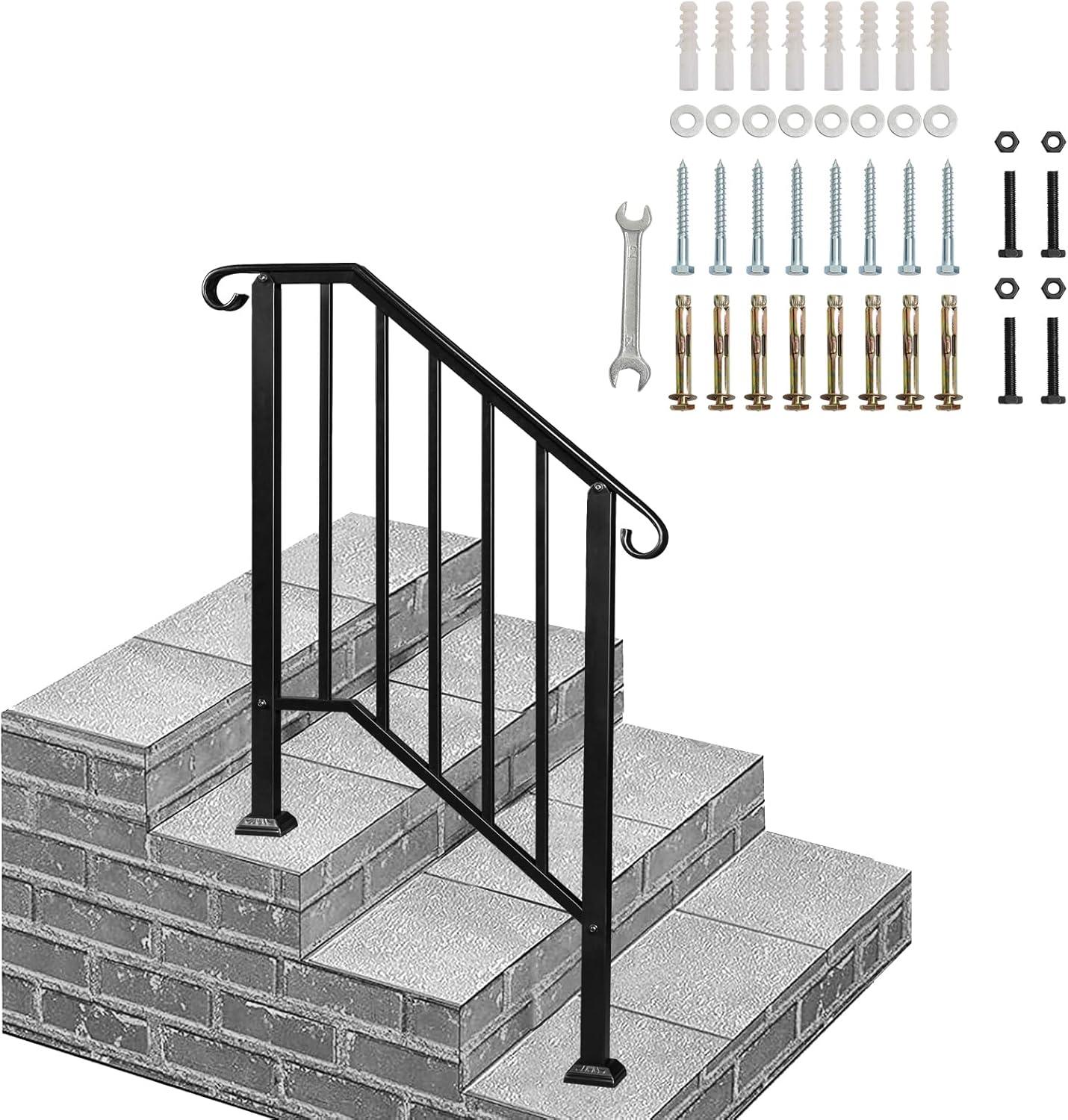Outvita Handrails for Outdoor Steps, Black Wrought Iron Handrail Fits 2 or 3 Steps, Transitional Handrail with Installation Kit, Stair Railing for Concrete Steps or Wooden Stairs