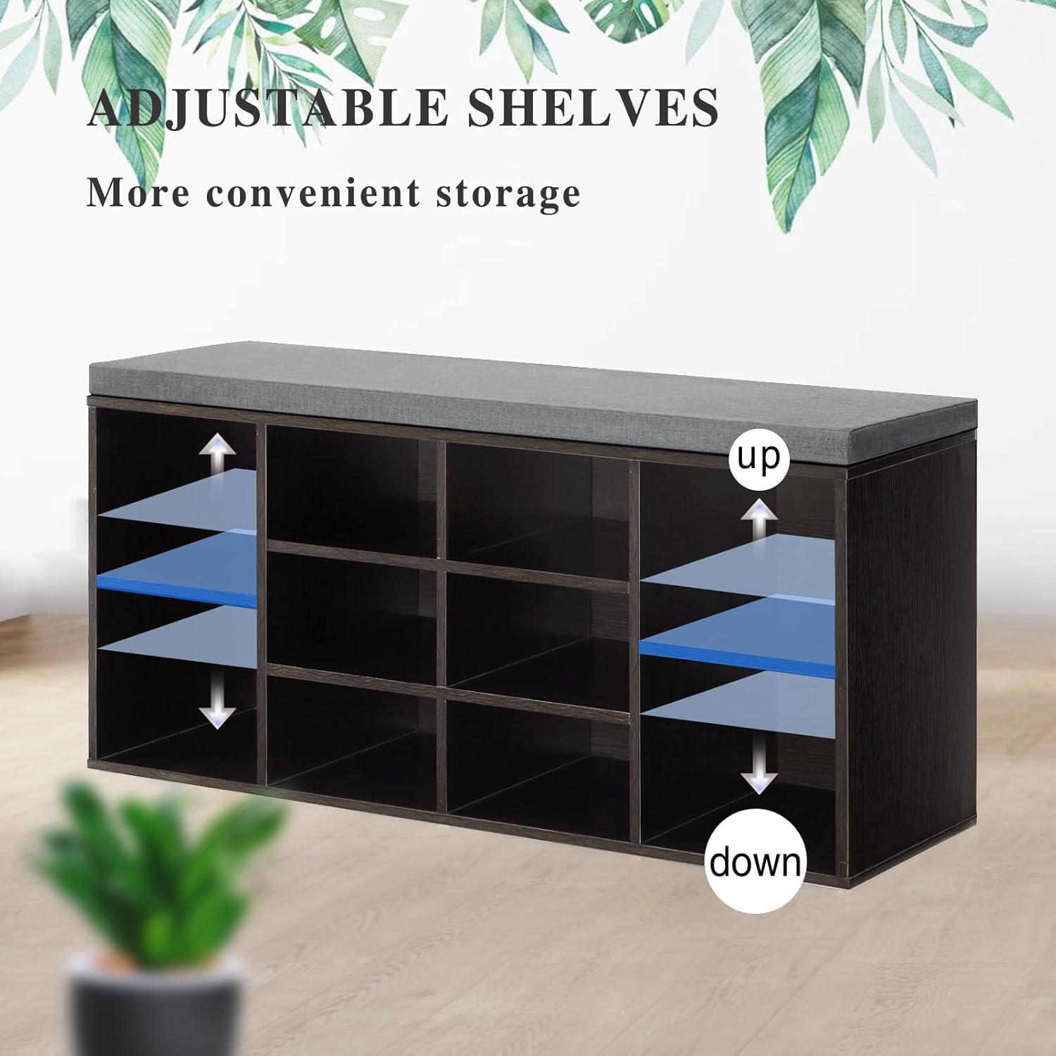 Shoe Bench Storage Bench 10 Compartments Shoe Organizer with 3-Tier Shoe Rack Bench Adjustable Shelves Shoe Shelf for Living Room Entryway Hallway Bedroom
