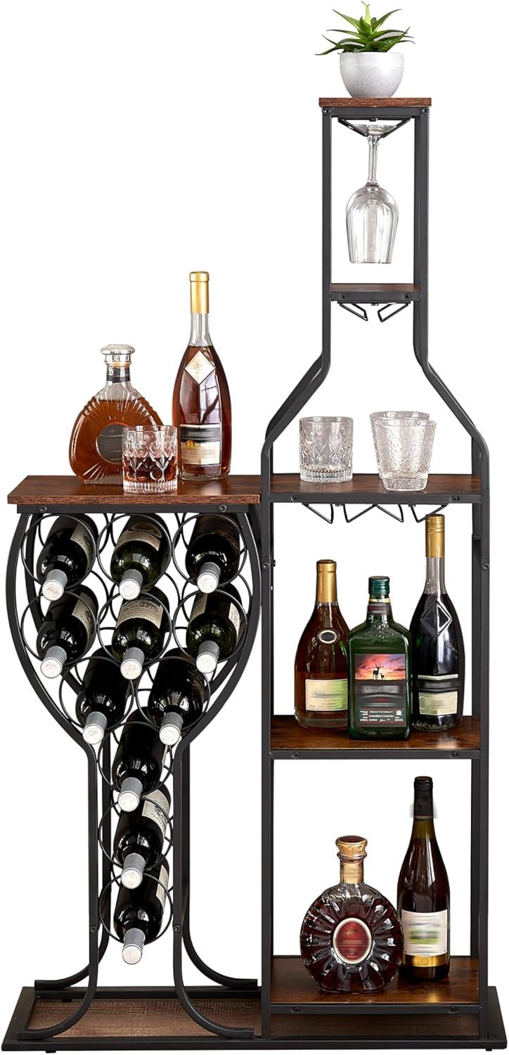 11 Bottle Wine Bakers Rack, 5 Tier Freestanding Wine Rack with Hanging Wine Glass Holder and Storage Shelves, Wine Storage Home Bar for Liquor and Wine Storagefor Kitchen, Dining Room
