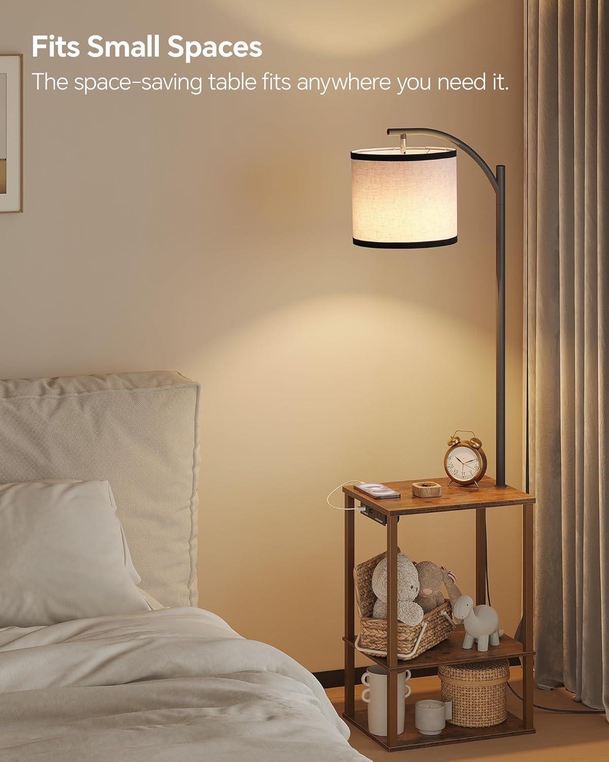 SUNMORY Floor Lamp with Table, Lamps for Living Room with USB Port, Attached End Table with Shelves, Brown