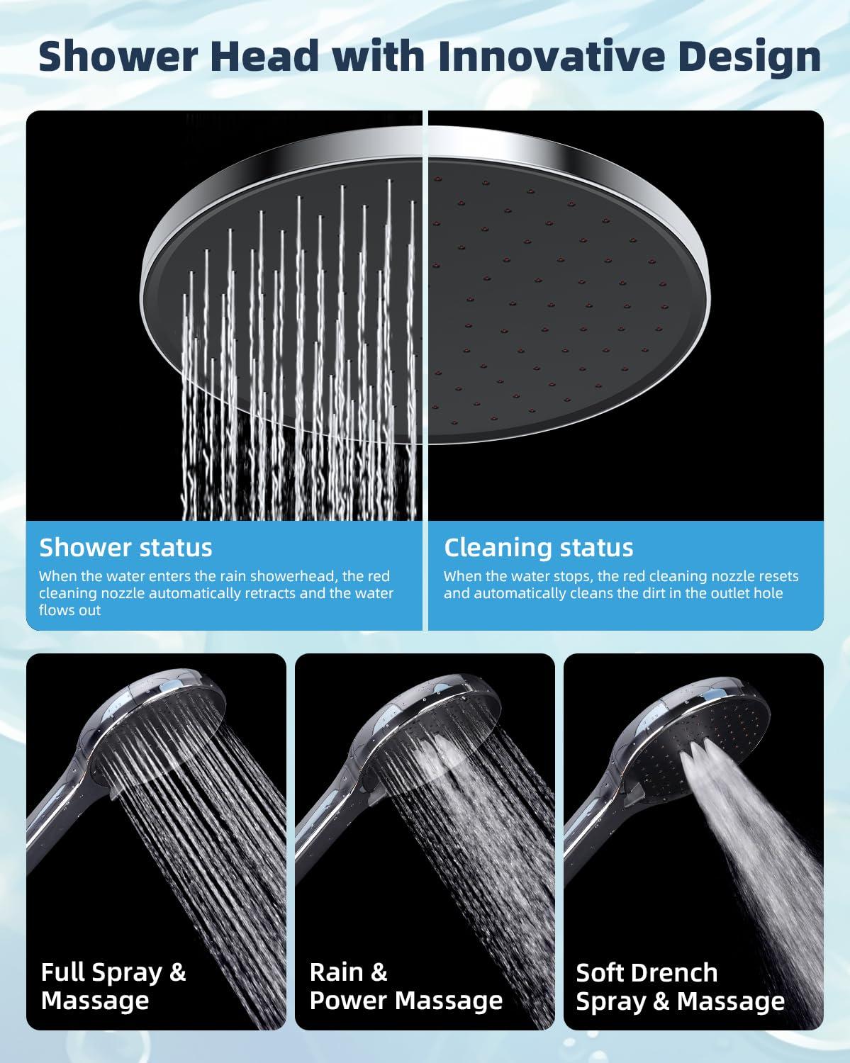 Self-cleaning 10" High Pressure Rainfall Shower Head with Hand Sprayer