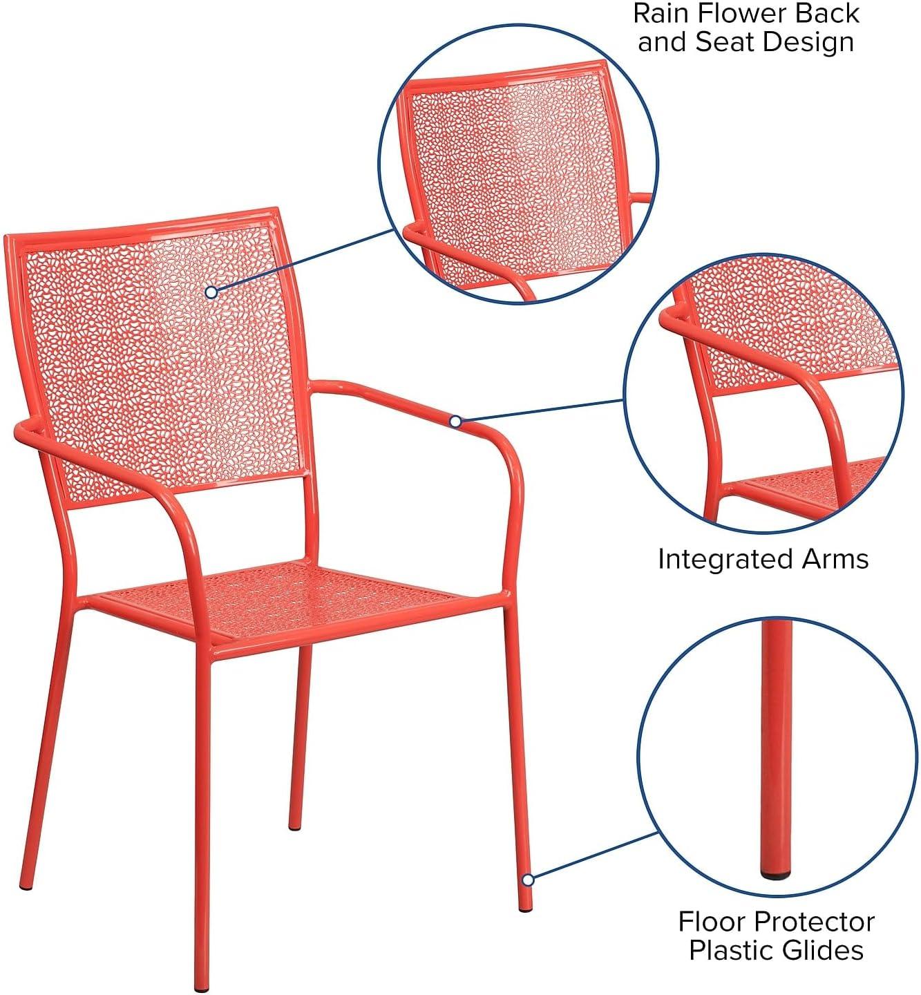 Flash Furniture Commercial Grade Coral Indoor-Outdoor Steel Patio Arm Chair with Square Back