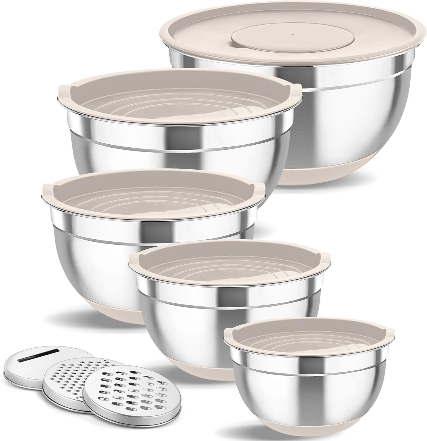 Toledo Bath & Kitchen Stainless Steel Mixing Bowls With Lids, 5-Pack Metal Nesting Bowls With Airtight Covers For Cooking, Baking, Serving, Storage, Non-Toxic & Dishwasher Safe, Size 4.6/3/1.5/1/0.7QT - Khaki