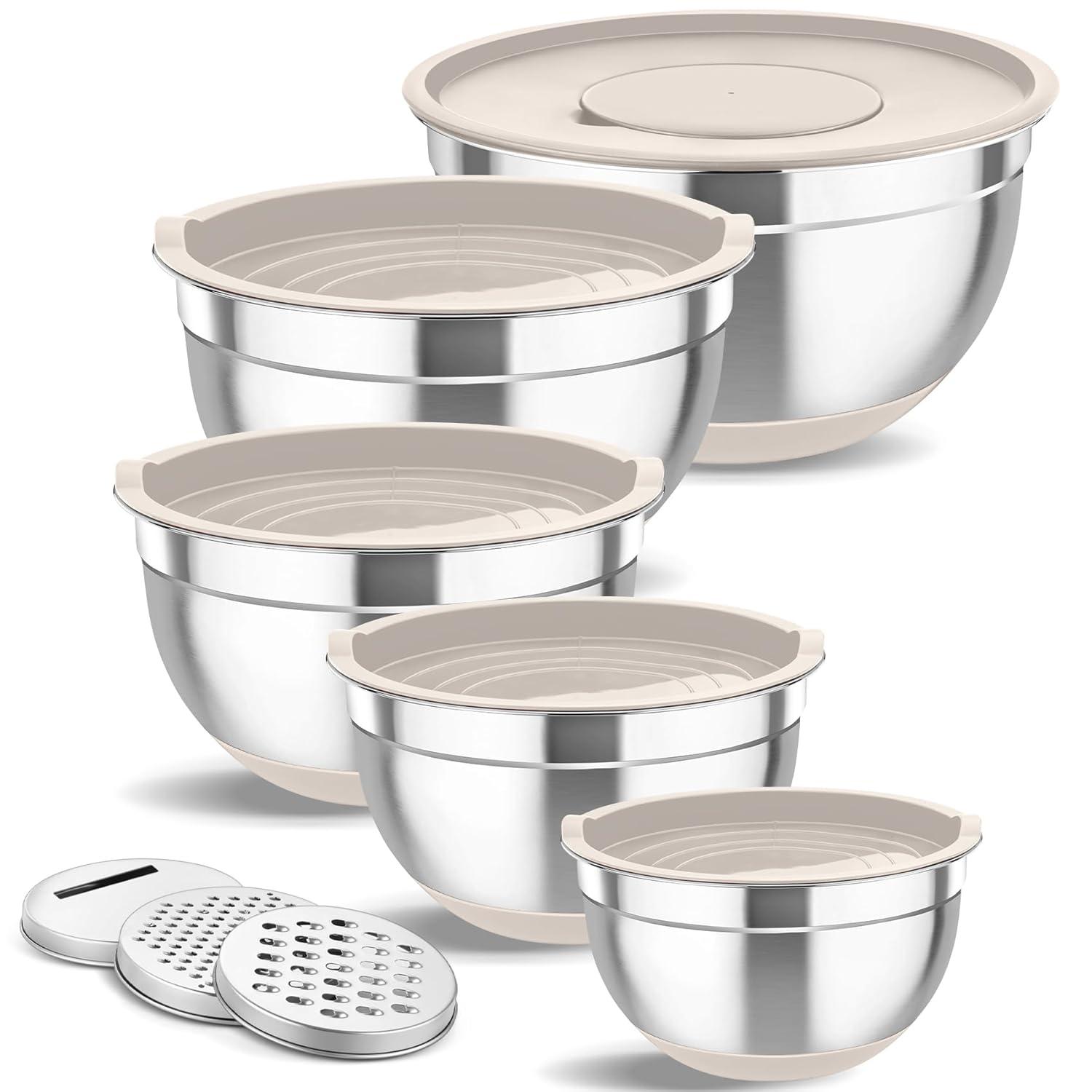 Toledo Bath & Kitchen Stainless Steel Mixing Bowls With Lids, 5-Pack Metal Nesting Bowls With Airtight Covers For Cooking, Baking, Serving, Storage, Non-Toxic & Dishwasher Safe, Size 4.6/3/1.5/1/0.7QT - Khaki