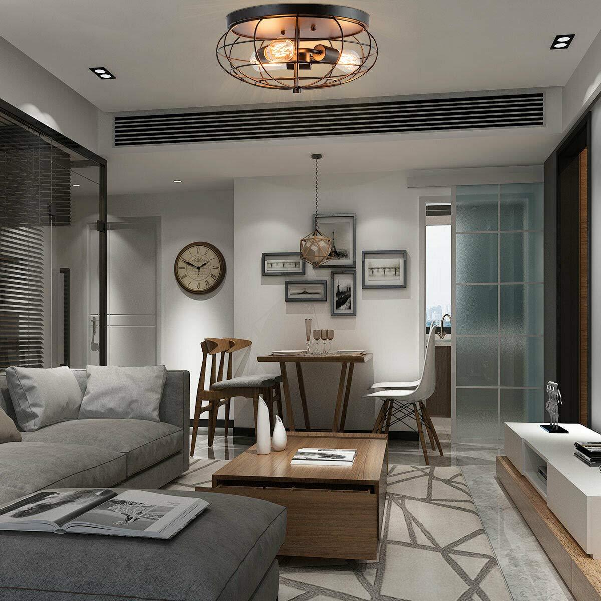 Tangkula 3-Light Industrial Style Rustic Ceiling Light Fixture with Iron Metal Cage Lampshade, Vintage Ceiling Lighting Lamp