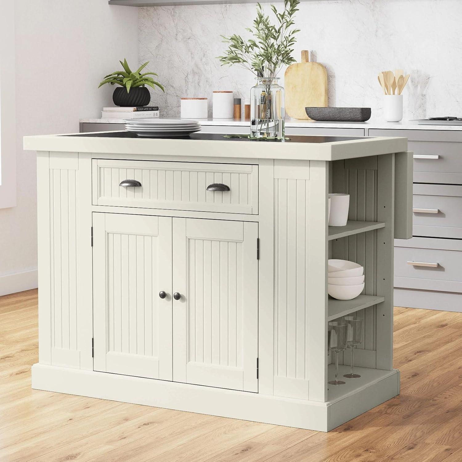 Nantucket Off-White Kitchen Island with Black Granite Top