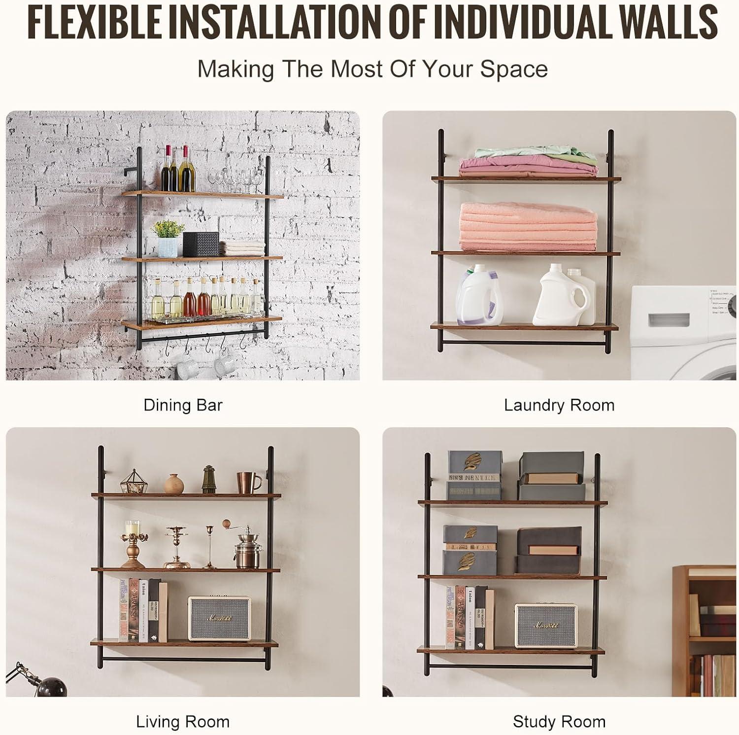 VEVOR Industrial Pipe Shelf, 3 Tier 32x9.84in, Wall-Mount Floating Rustic Wood Shelves Bracket Display Bookshelf, Storage Rack Sundries Holder for Kitchen Bedroom Bathroom Living Room, Black