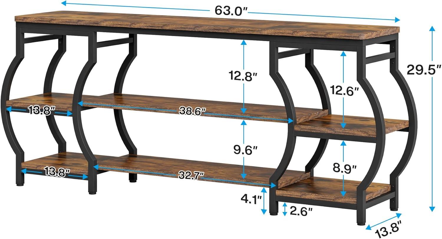 63'' Rustic Wood and Metal 3-Tier Console Table with Storage Shelves