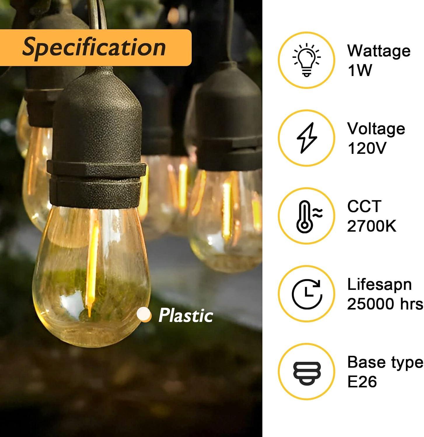 Svater Replacement Bulbs for Outdoor String Lights, 15 Pack S14 LED Bulbs for Patio, E26 Base 1W Bulb Equal to 11W Incandescent, Dimmable,Shatterproof 2700K Warm White