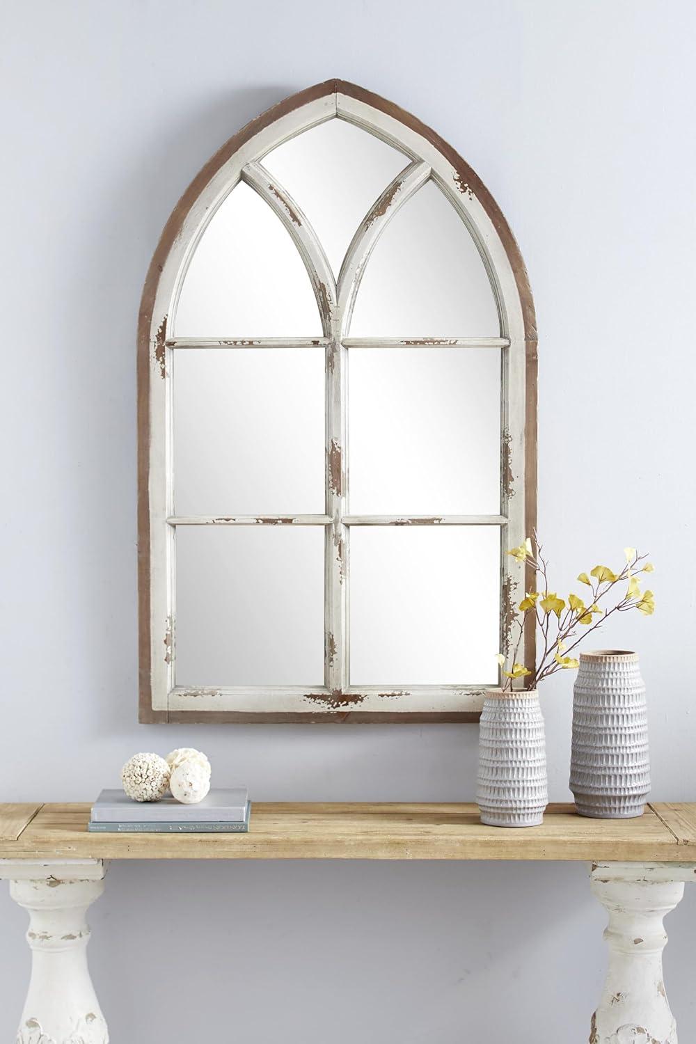 Wood Window Panes Inspired Wall Mirror with Arched Top and Distressing White/Brown - Olivia & May: Cathedral Style, Antiqued Finish