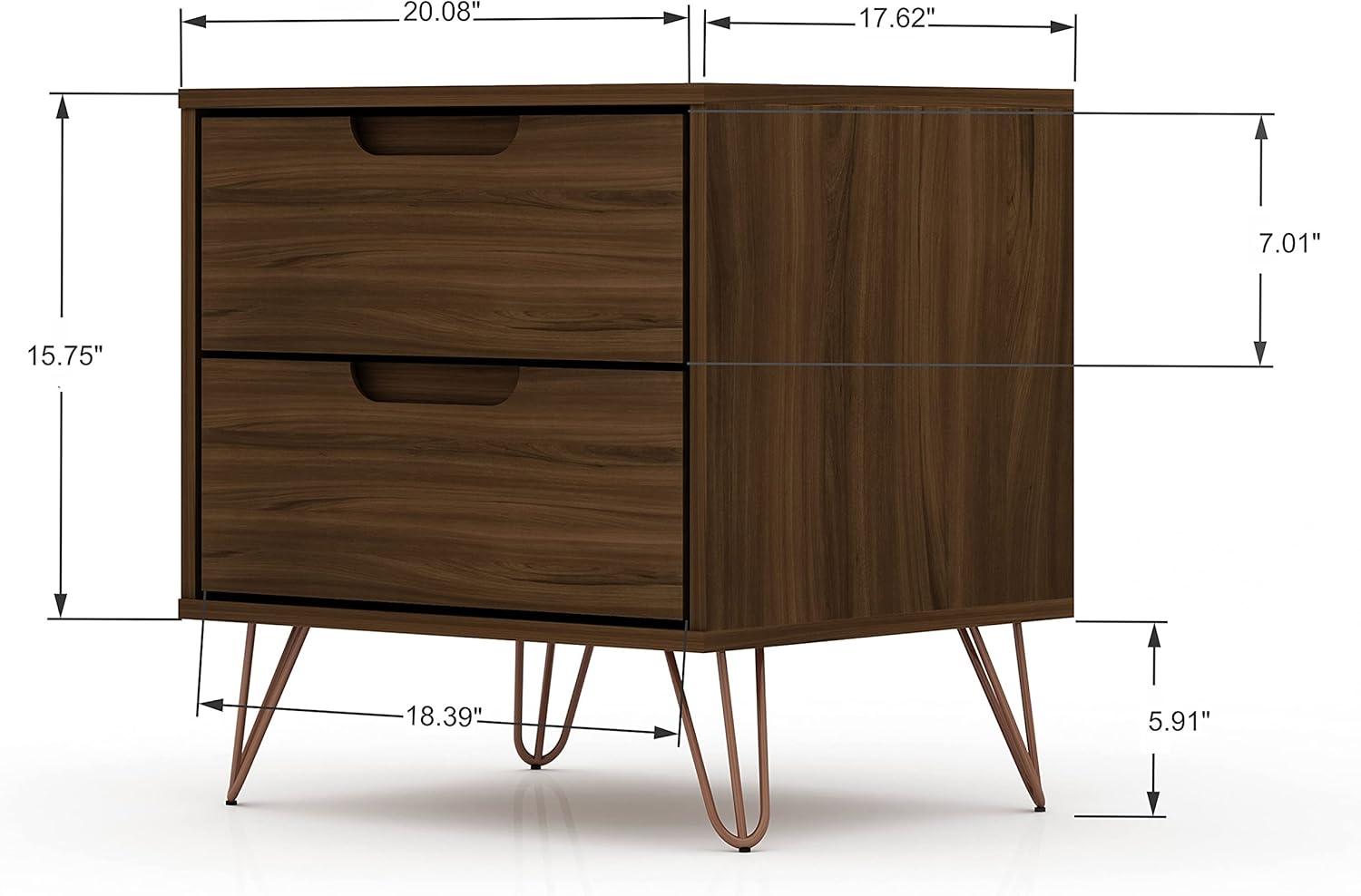 Set of 2 Rockefeller 2 Drawer Nightstands Brown - Manhattan Comfort: Mid-Century Design, Metal Legs, MDF Construction