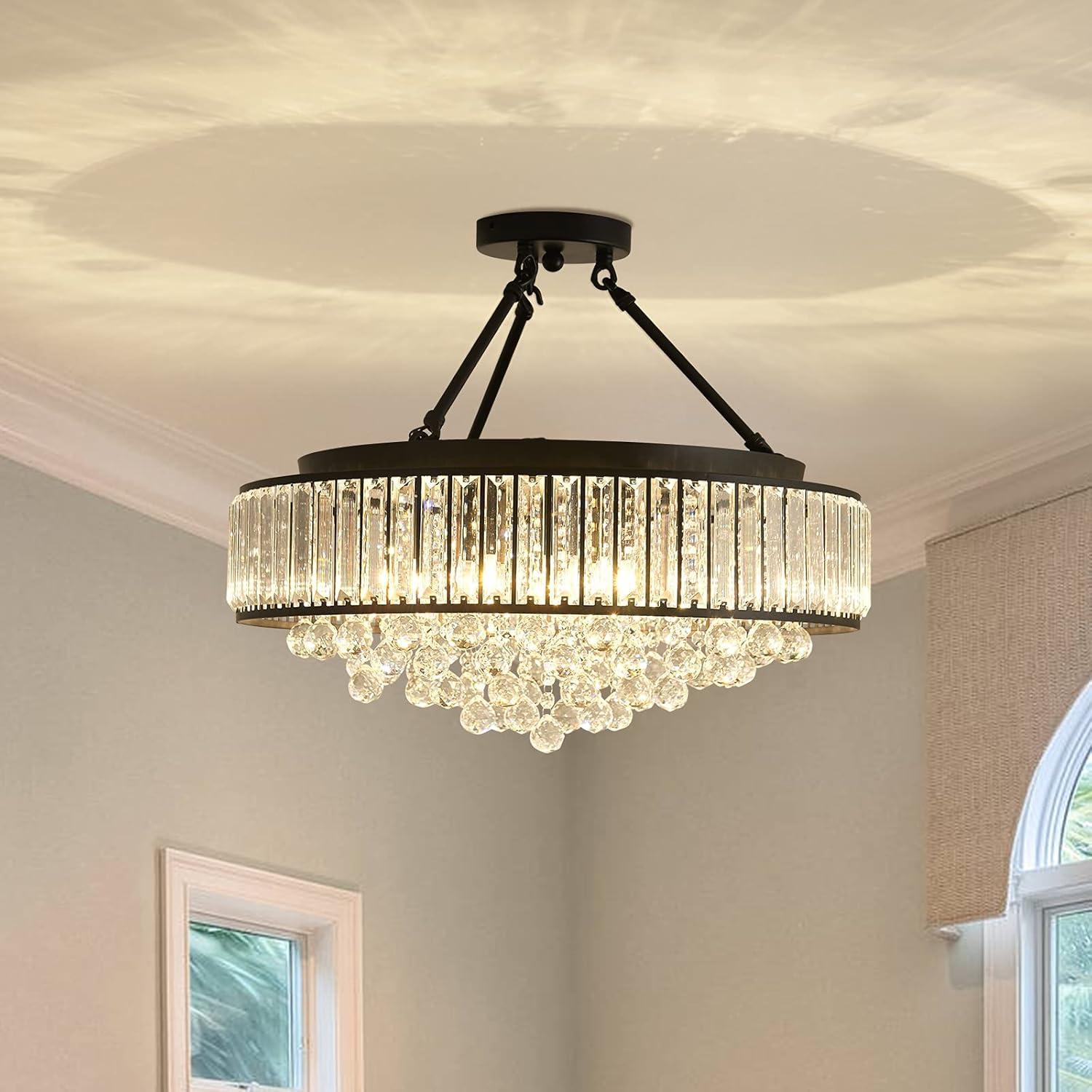 YYJLX 6-Light Modern Large Crystal Chandelier Black Metal E26 Semi Flush Mount Round Light Fixture Ceiling Lamp Farmhouse for Dining Living Room Laundry Foyer Kitchen Balcony Bedroom