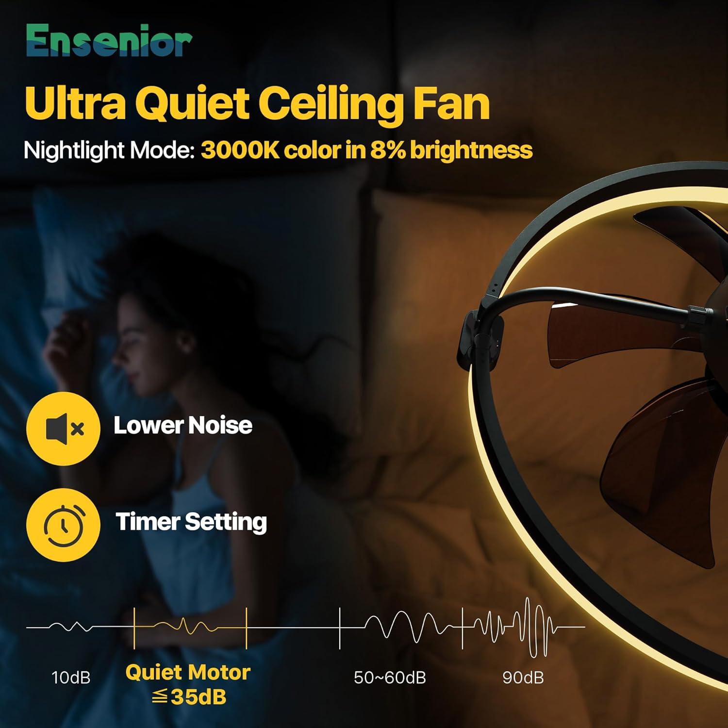 Ensenior 20'' Low Profile Ceiling Fans with Lights and Remote, Fandelier Ceiling Fan Flush Mount, APP Control, 6 Speed & 3000K-6500K Stepless Dimmable Small Ceiling Fan with Light for Bedroom - Black