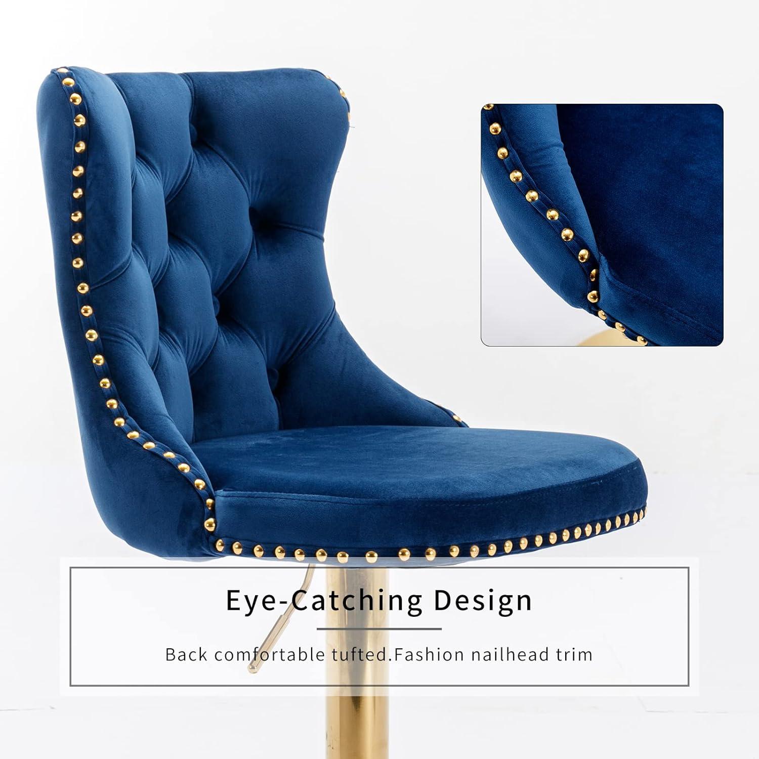 Sesslife Swivel Counter Height Bar Stools Set of 2, Upholstered Velvet Fabric High Bar Chairs with Golden Nail Trim, Adjustable Seat Height, Barstools with Back and Footrest for Kitchen Island, Blue