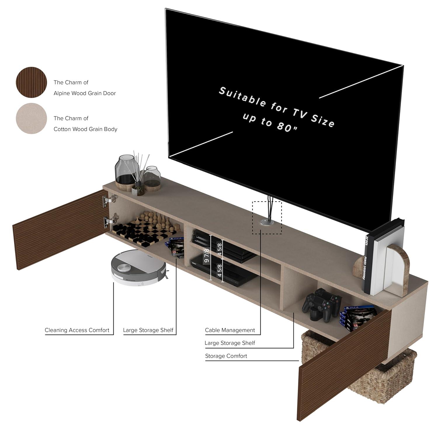 Atelier Mobili Floating TV Stand 70 Inch, Wall Mounted Entertainment Center, Modern TV Stand for Living Room, Walnut TV Stand for 65 Inch TV, Floating Entertainment Center