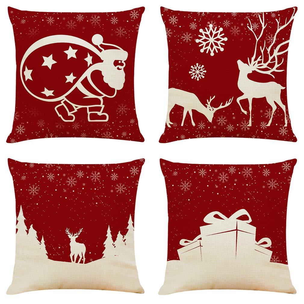 Sunnyglade 4PCS 18"x18" Christmas Throw Pillow Covers Christmas Decorative Couch Pillow Cases Cotton Linen Pillow Square Cushion Cover for Sofa, Couch, Bed and Car (Christmas A-4PCS)