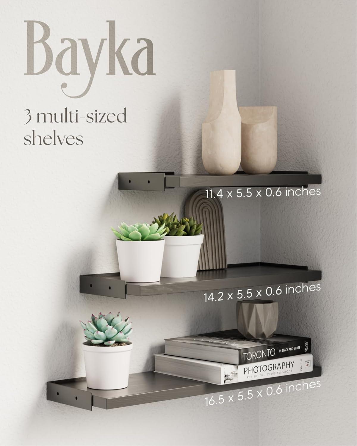 BAYKA Wall Mounted Floating Shelves, Wood Floating Wall Shelf for Books & Decor, Small Space-Saving Display & Organizer（Black，Set of 3）