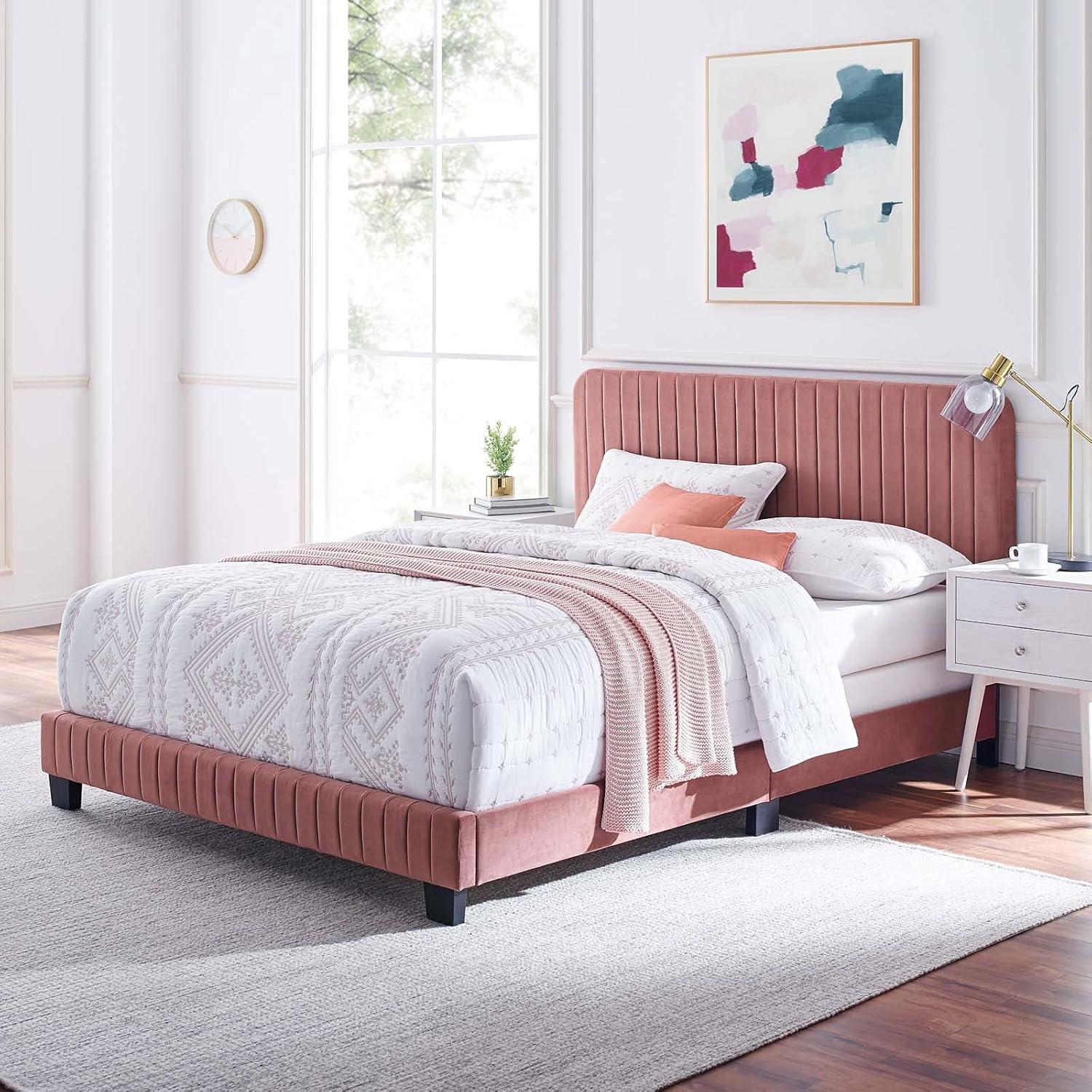 Modway Celine King Bed – Channel Tufted Performance Velvet Upholstery with Slats