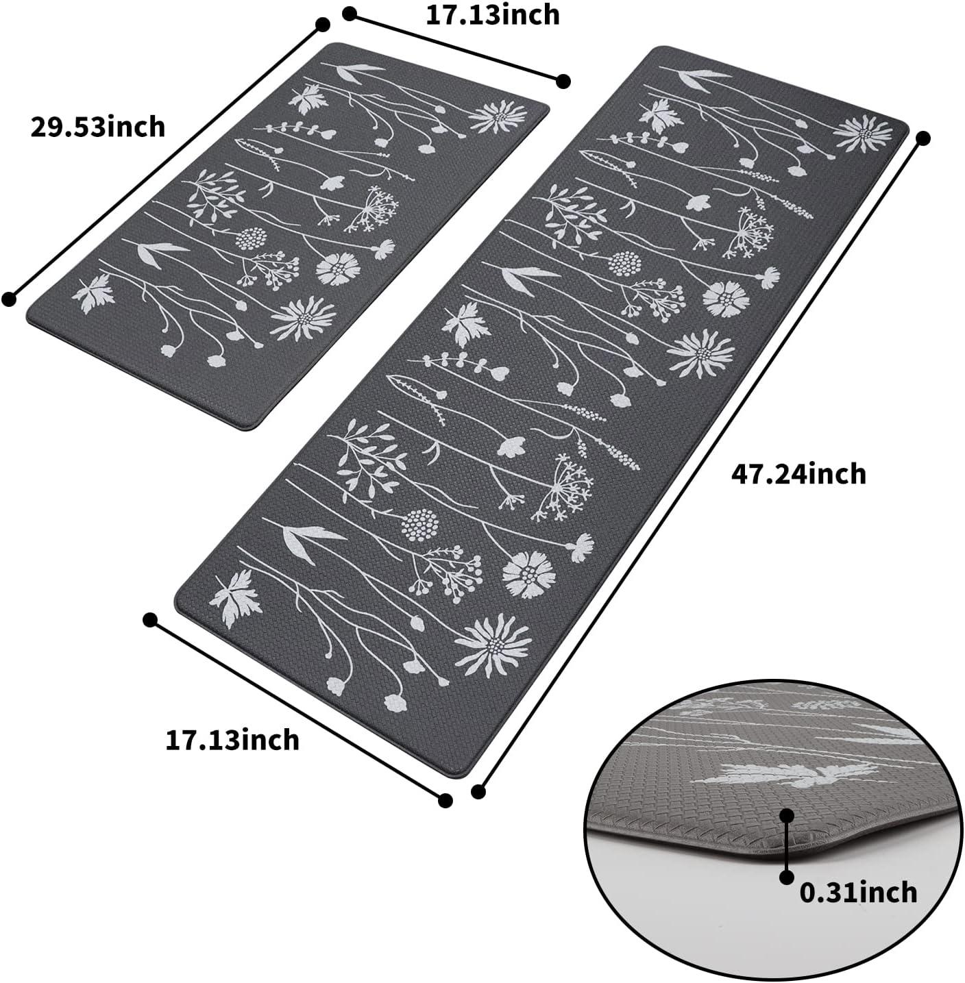 MEBRUDY 2 Pcs Kitchen Rugs and Mats, Cushioned Anti-Fatigue Floor Mat, PVC Non-Slip Waterproof Kitchen Rug Set for Kitchen, Office, Sink 17"x47"+17"x29" (Gray)