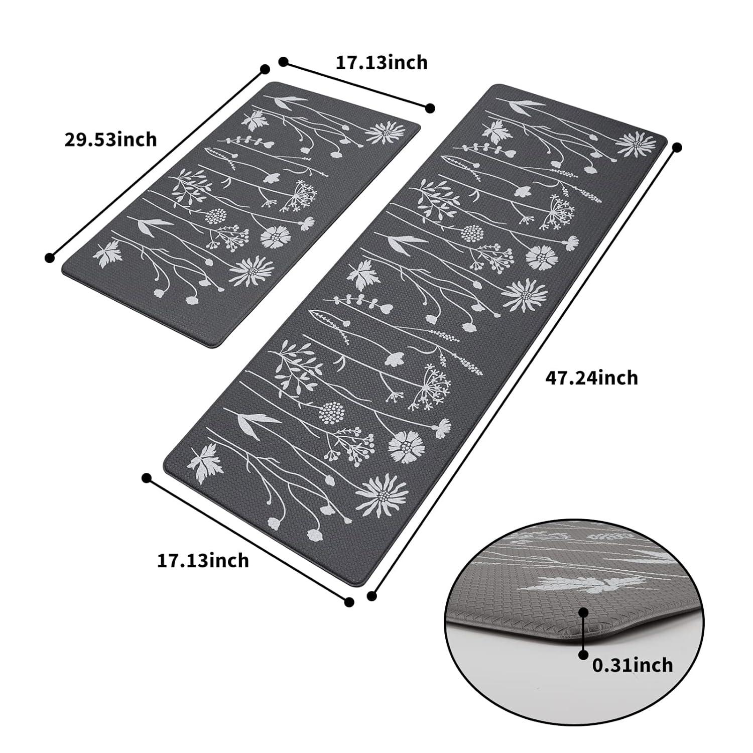 MEBRUDY 2 Pcs Kitchen Rugs and Mats, Cushioned Anti-Fatigue Floor Mat, PVC Non-Slip Waterproof Kitchen Rug Set for Kitchen, Office, Sink 17"x47"+17"x29" (Gray)