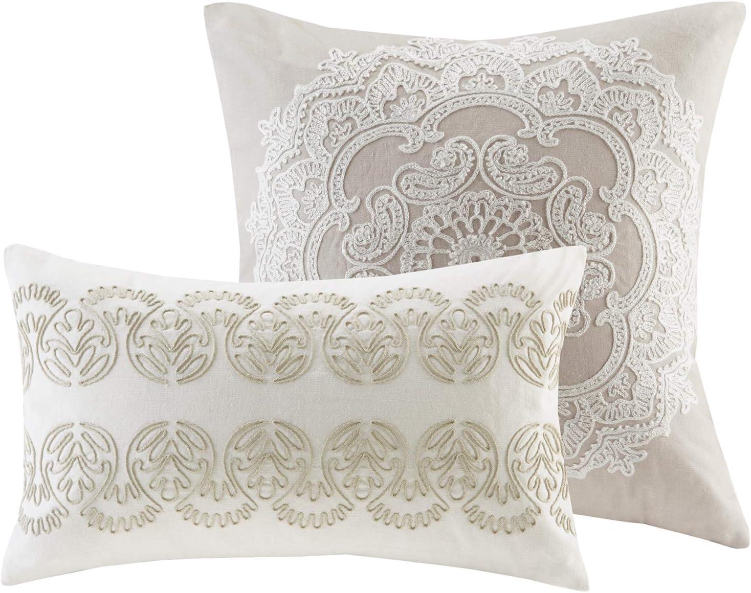 Suzanna Embroidered Medallion 18" Square Taupe Cotton Pillow