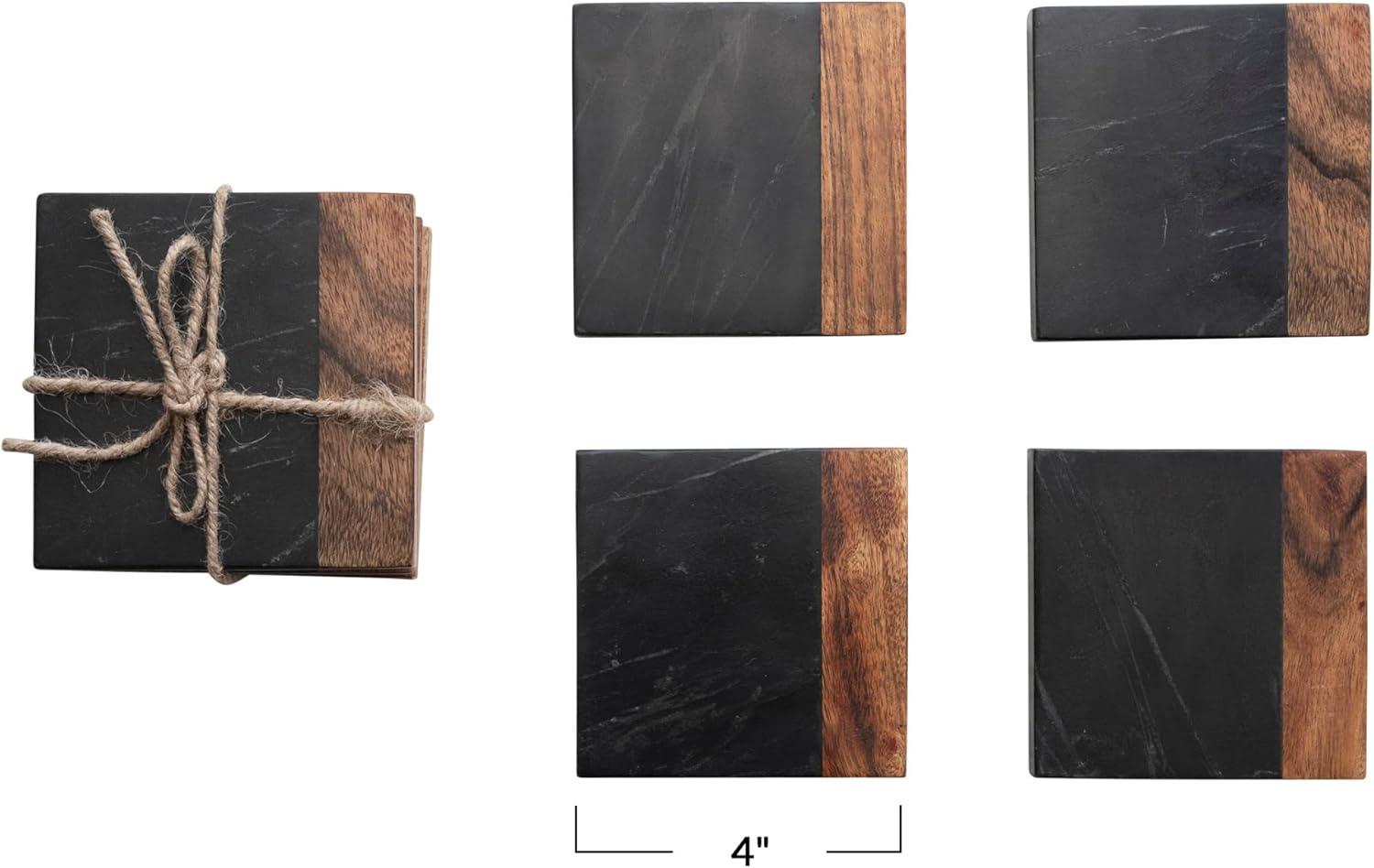 Creative Co-Op Marble and Acacia Wood 2-Tone Coasters, Black and Natural, Set of 4