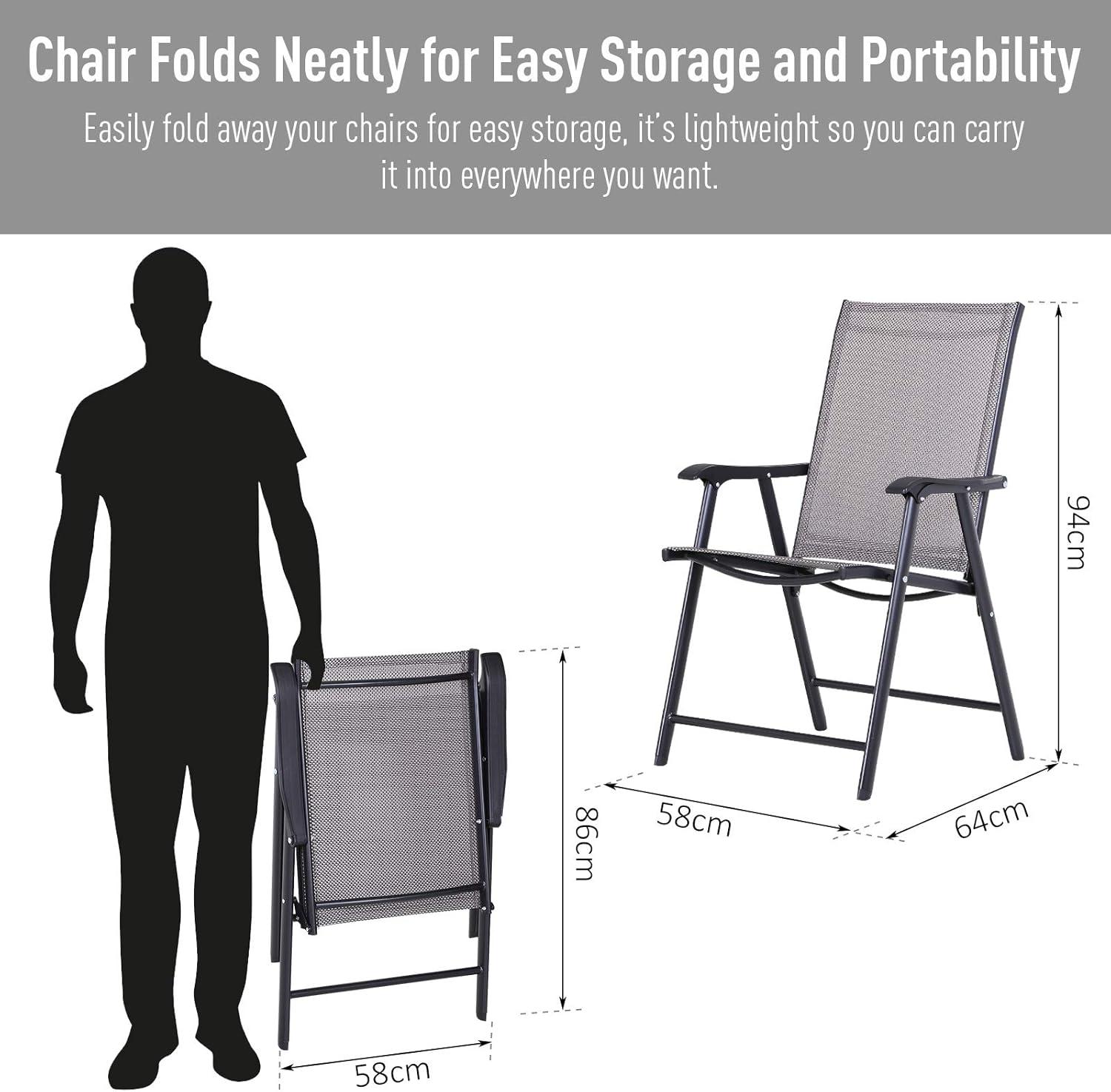 Outsunny Set of 2 Patio Folding Chairs, Stackable Outdoor Sling Chairs with Armrests for Lawn, Camping, Dining, Beach, Metal Frame, Gray