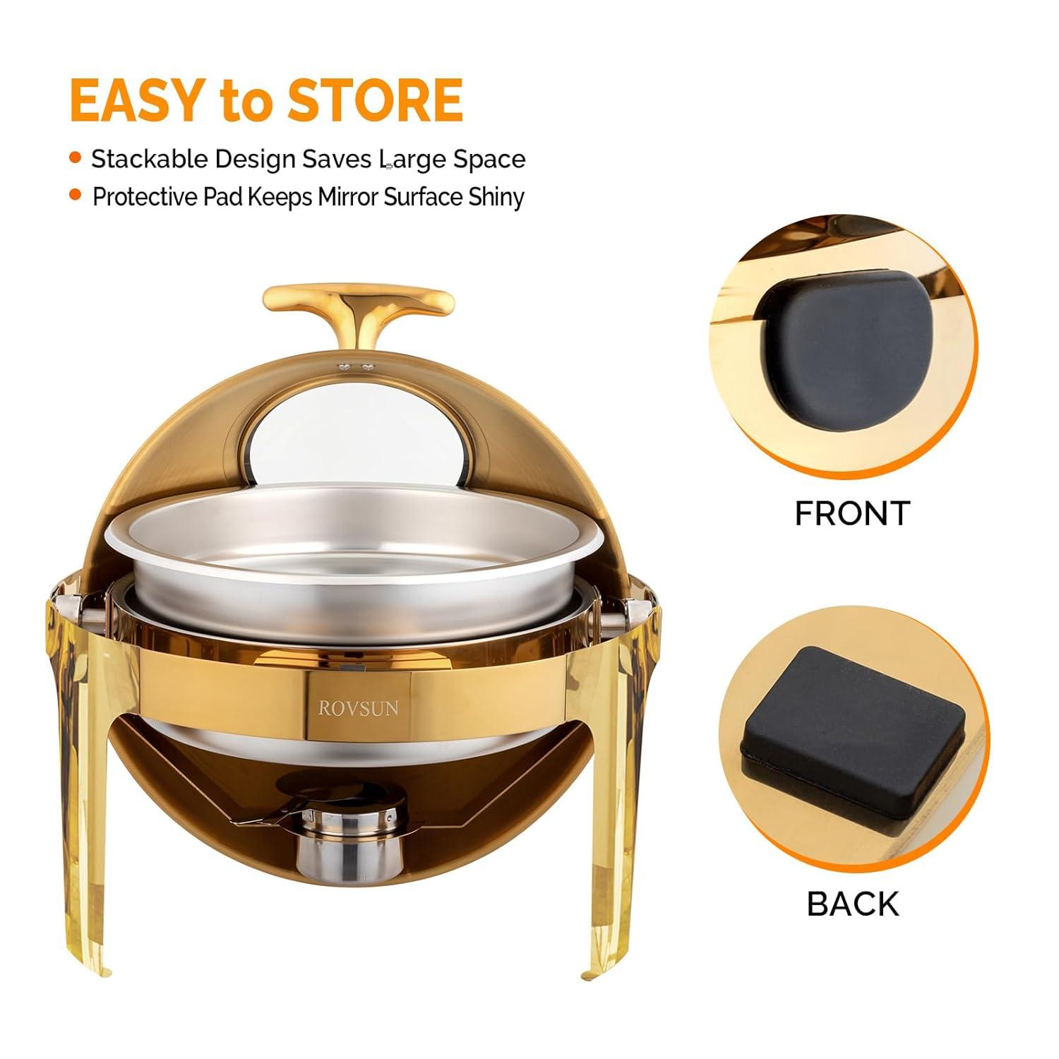 6 QT Gold Roll Top Round Chafing Dish Buffet Set with Glass Window
