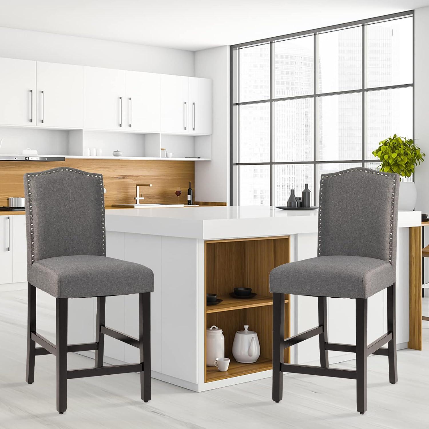 Costway Set of 2 Upholstered Bar stools 25''  Counter  Height Chairs with Rubber Wood Legs Grey