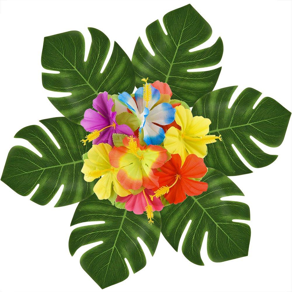 KUUQA 88 Pcs 20cm/8" Tropical Palm Leaves and Silk Hibiscus Flowers Party Decor, Artificial Monstera Plant Leaves Flowers Hawaiian Luau Party Jungle Beach Theme BBQ Birthday Party Decorations Supplie