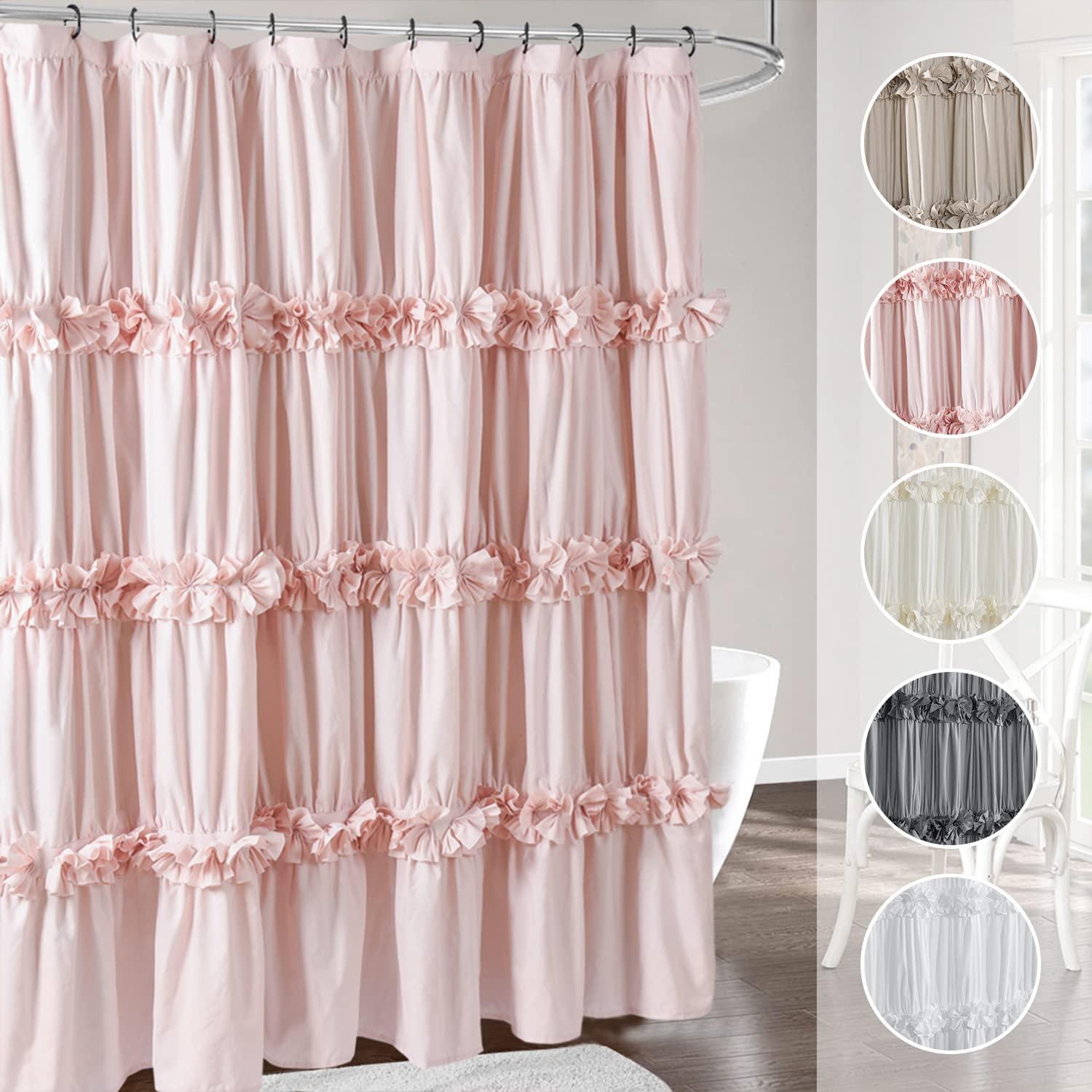Peach Ruffle Shower Curtain, Vintage Handcrafted Bow Tie Bath Curtain for Master Bathroom, Ruched Microfiber Bathroom Curtain with 12 Buttonholes, 72" W x 72" H (LQ-10)