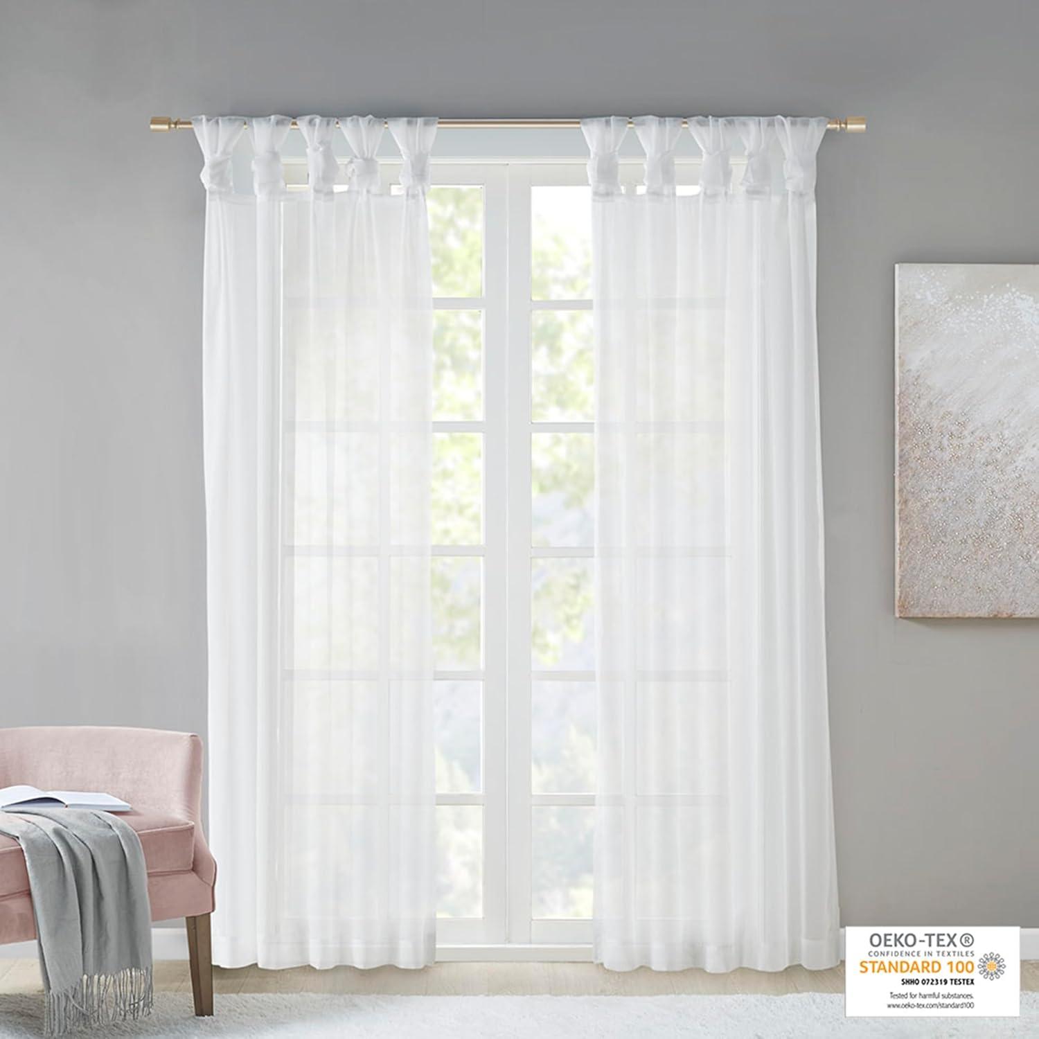 Set of 2 84"x50" Persis Twisted Tab Voile Sheer Window White: Madison Park Curtain Panels, Transitional Style