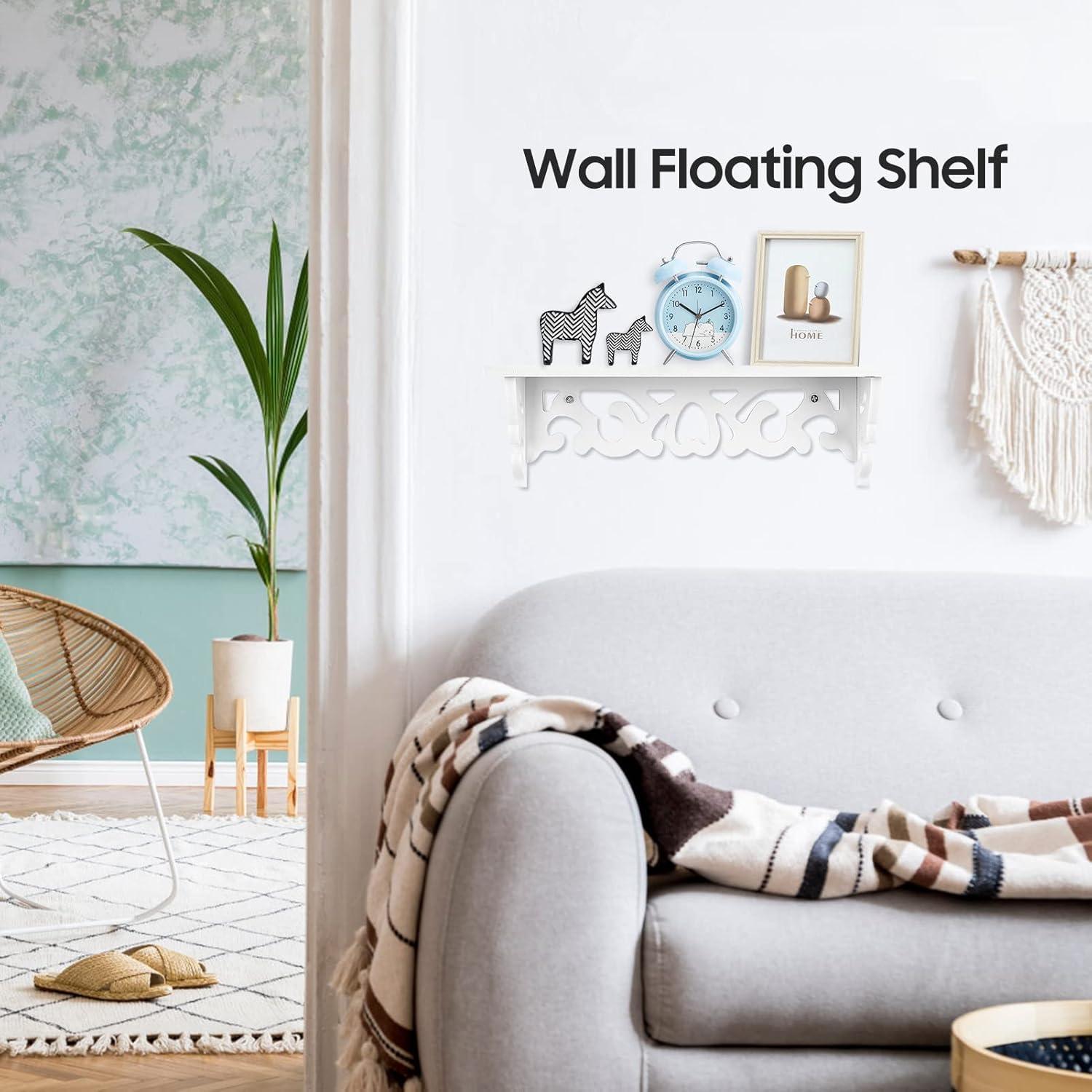 Estink Floating Wall Shelves,White Wood Carved Decorative Wall Mounted Floating Storage Display Wall Shelves Bookshelf,Small