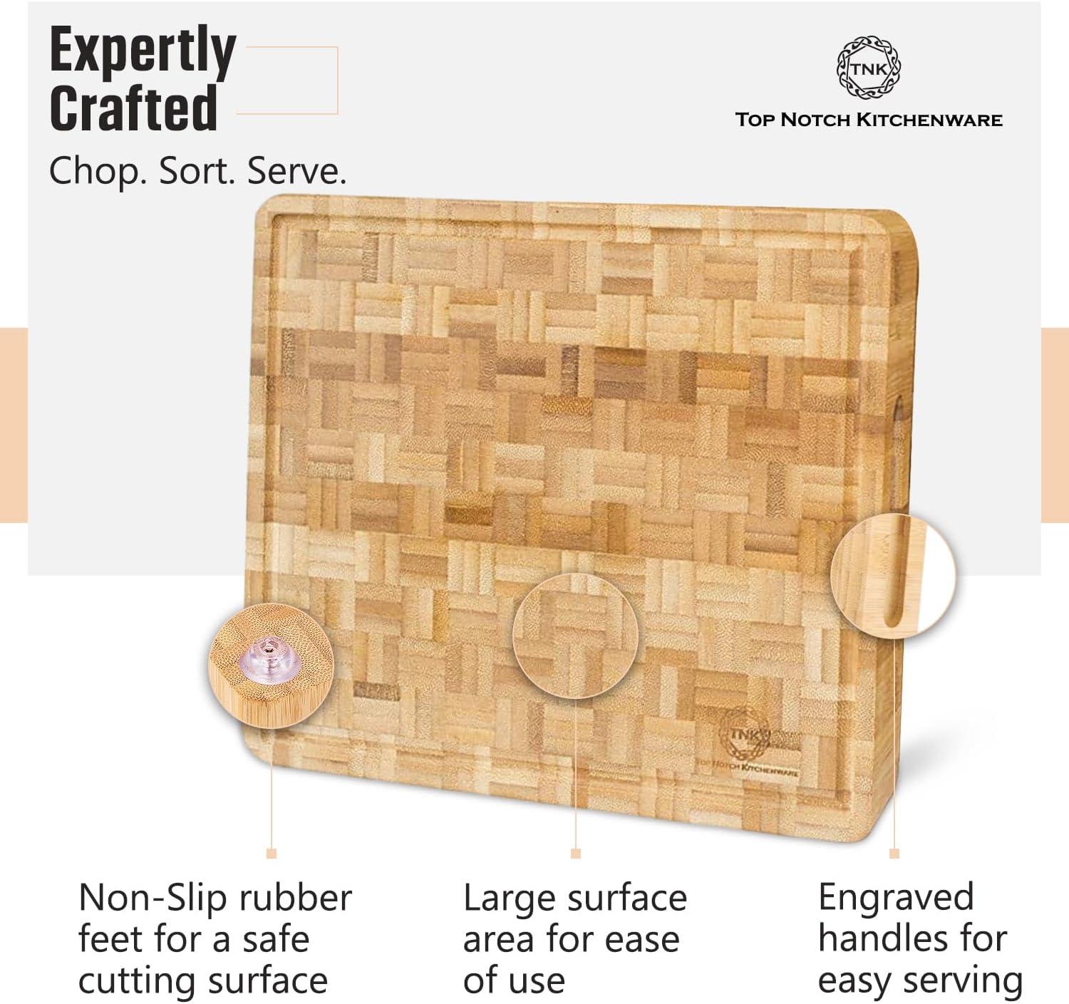 Small End Grain Bamboo Cutting Board | Professional, Antibacterial Butcher Block | NonSlip Rubber Feet by Top Notch Kitchenware