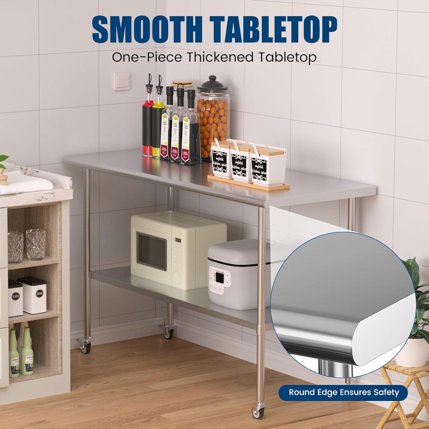 Stainless Steel Table with Wheels 24 x 60 Inches Metal Prep Table with Adjustable Undershelf for Commercial Kitchen, Outdoor, Restaurant, Hotel & Garage