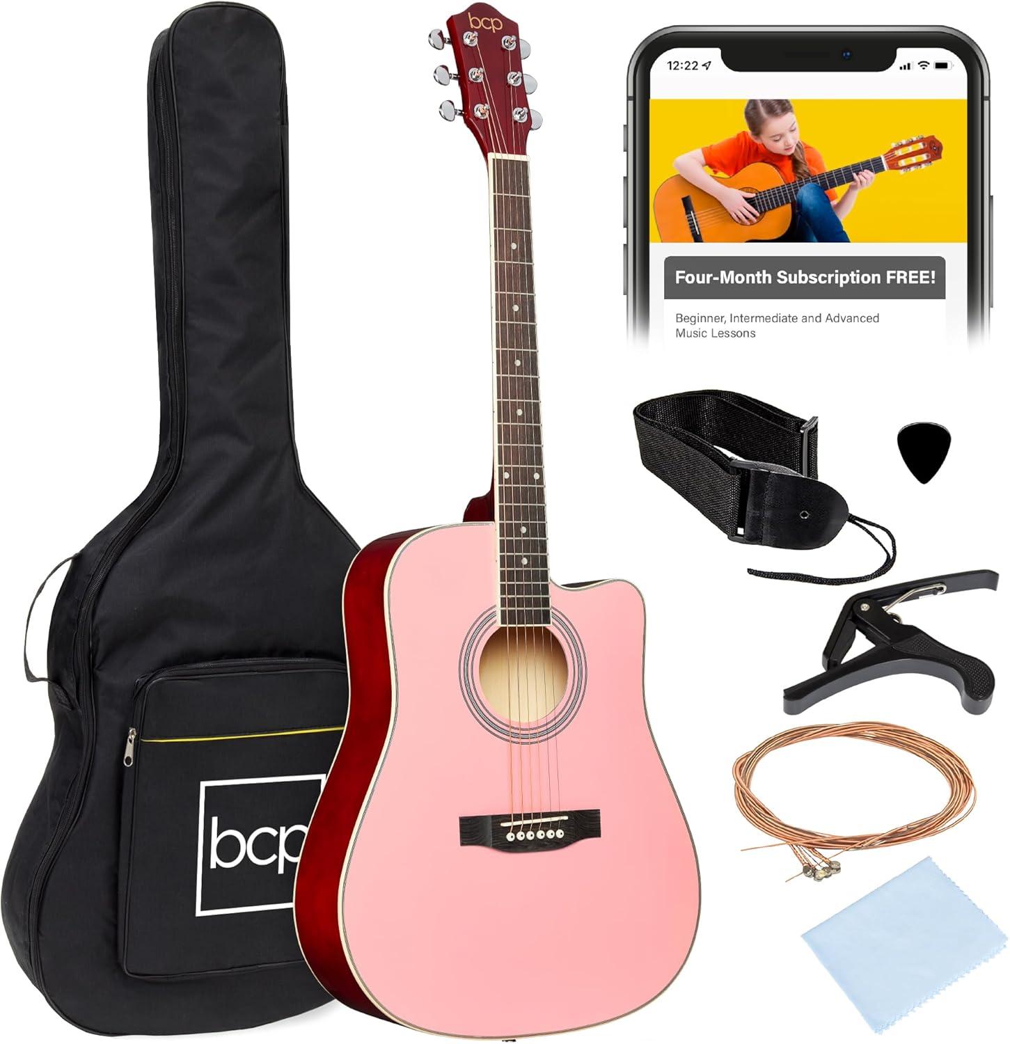 Best Choice Products 41in Full Size Beginner Acoustic Guitar Set with Case, Strap, Capo, Strings - Pink