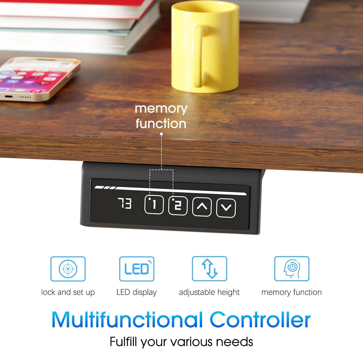 FDW 48 Adjustable Height Standing Desk Computer Desk with Large Space and Headphone Holder with Electric Lifting and 2 Memory Function,Brown