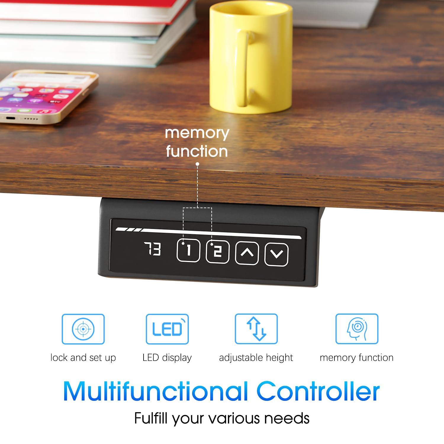 FDW 48 Adjustable Height Standing Desk Computer Desk with Large Space and Headphone Holder with Electric Lifting and 2 Memory Function,Brown